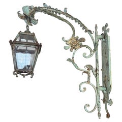 "Antique French Iron Lantern, Hand-Crafted, Patinated, Wall Mount, 1980"