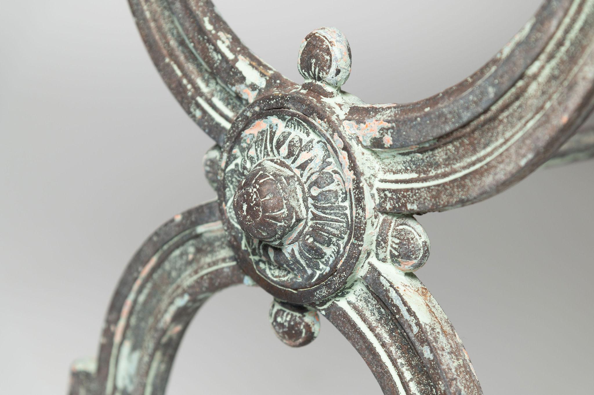 19th Century French cast iron table, original marble top that is removable. General wear to the marble, all in keeping with the age and as to be expected on an original piece of marble. 