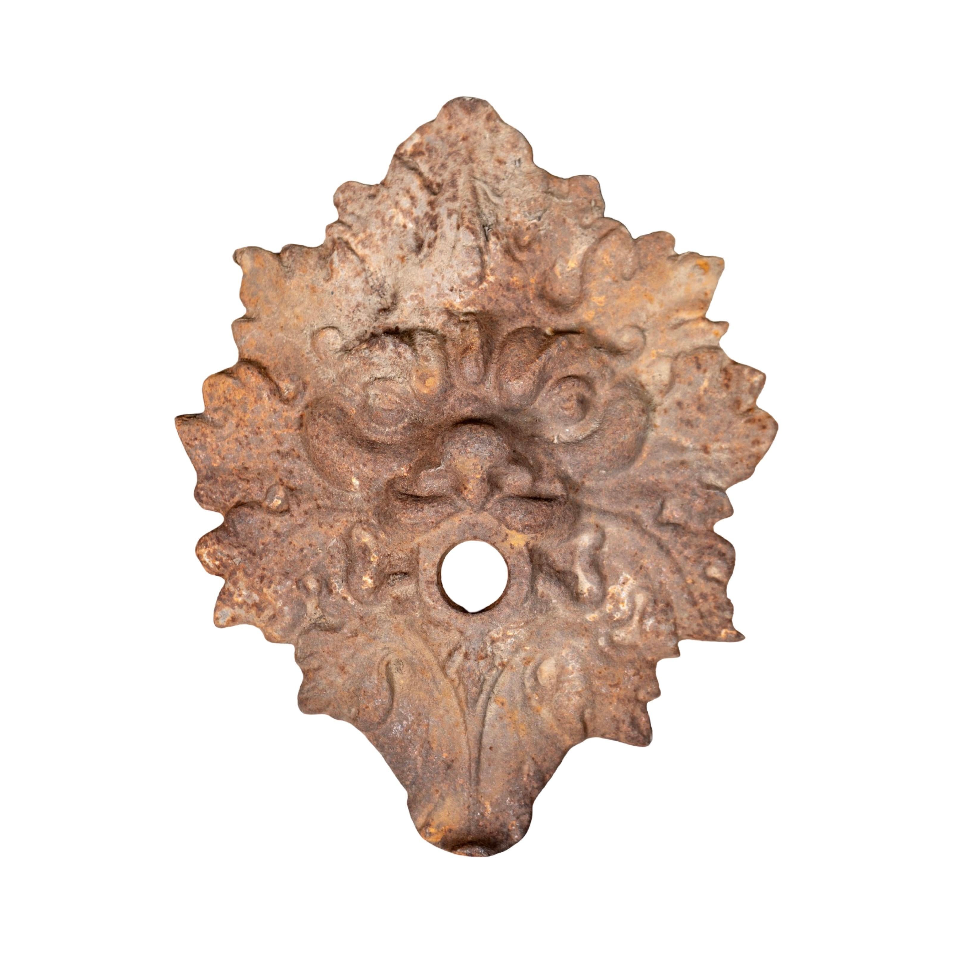Una piccola montatura decorativa in ghisa proveniente dalla Francia, antica e di recupero, caratterizzata da un classico motivo a fogliami e facce con un'apertura centrale. La superficie presenta una ricca ruggine, una consistenza e un'età che