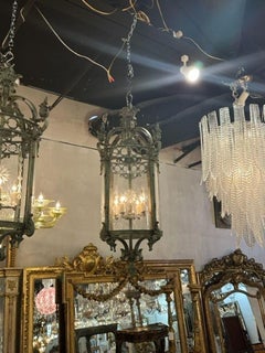 Antique French Iron Patina Verde Lanterns with Etched Glass