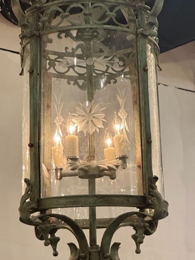 Antique French Iron Patina Verde Lanterns with Etched Glass For Sale 1