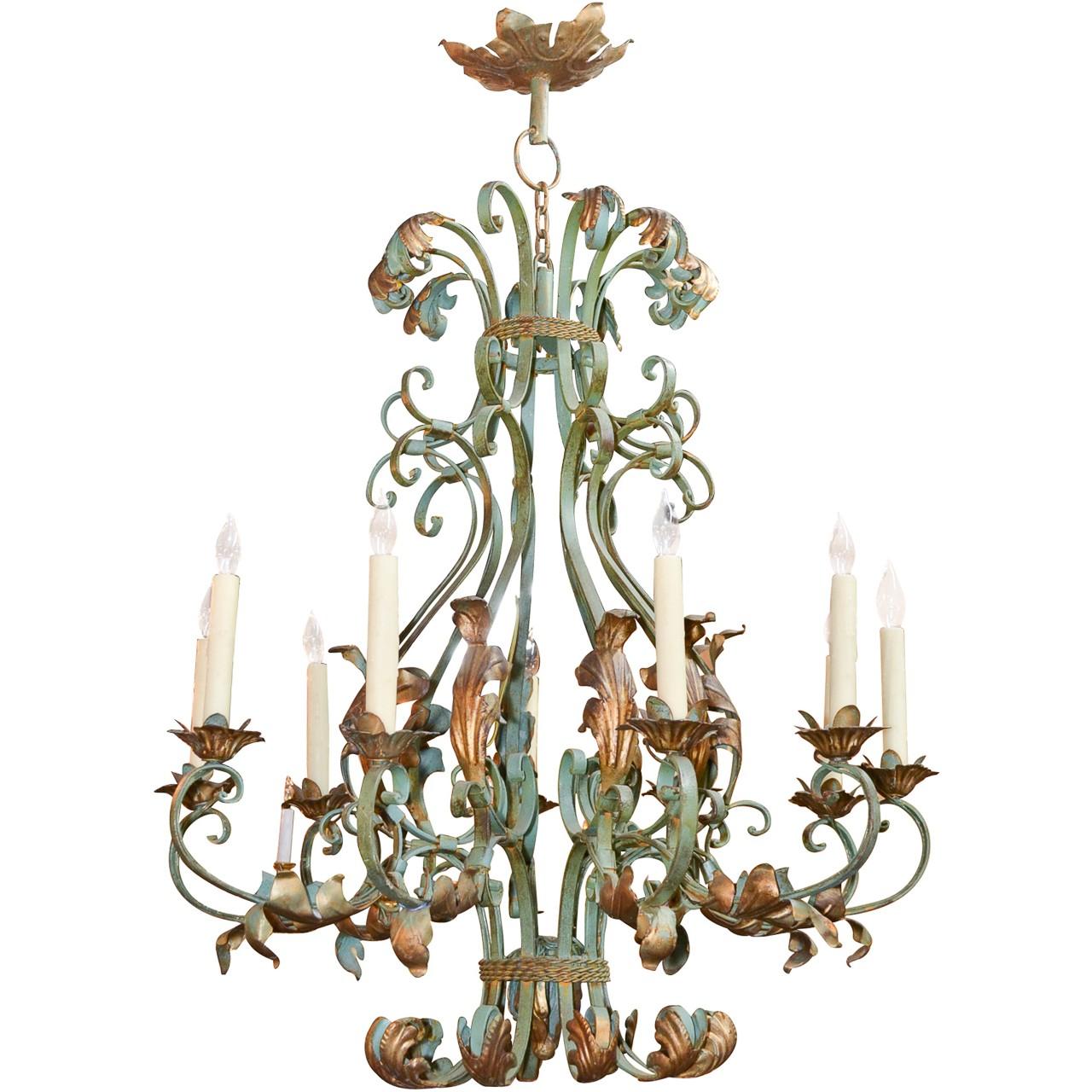 Antique French Iron Ten-Light Chandelier