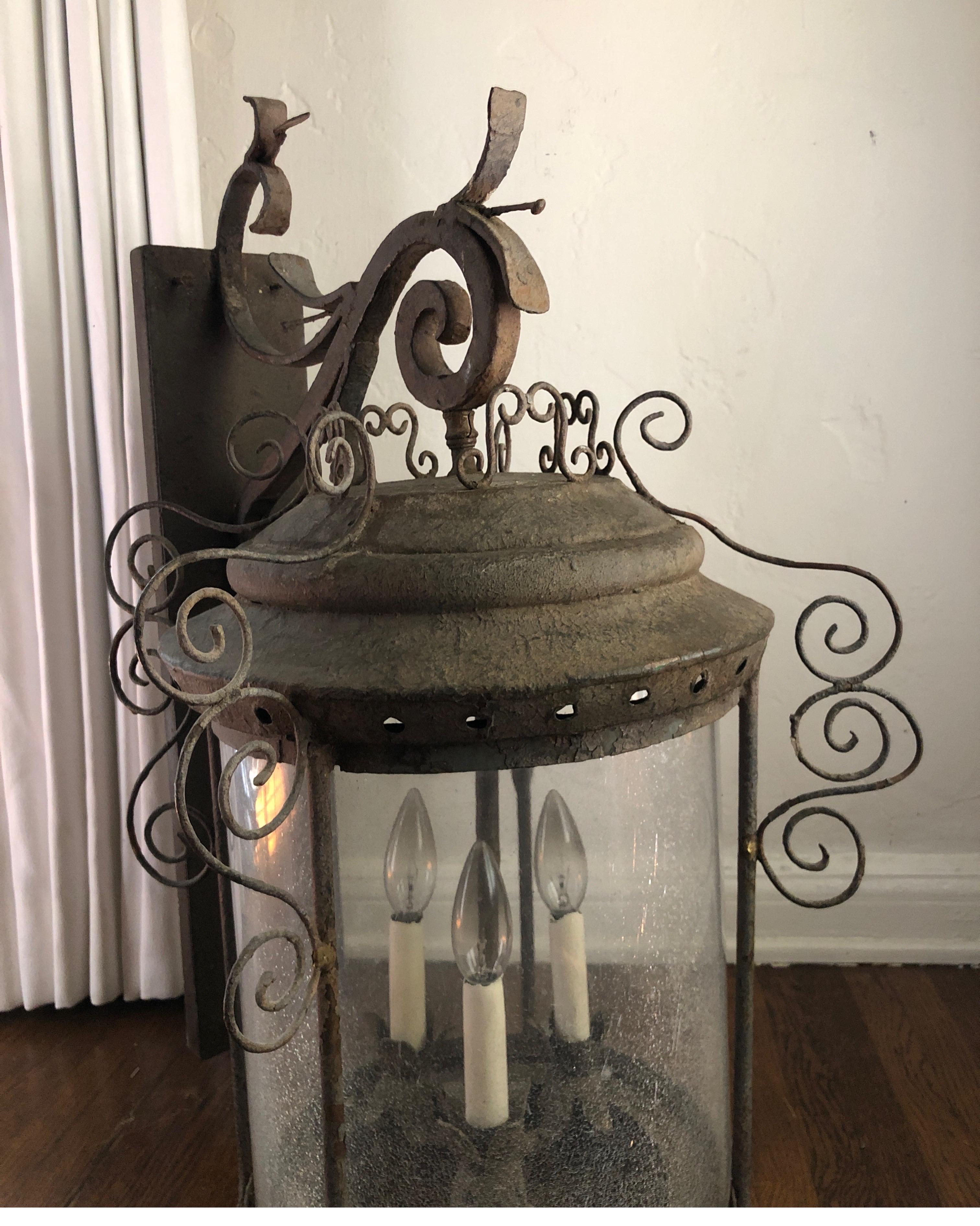 Antique French Iron Wall Lantern In Distressed Condition For Sale In Los Angeles, CA