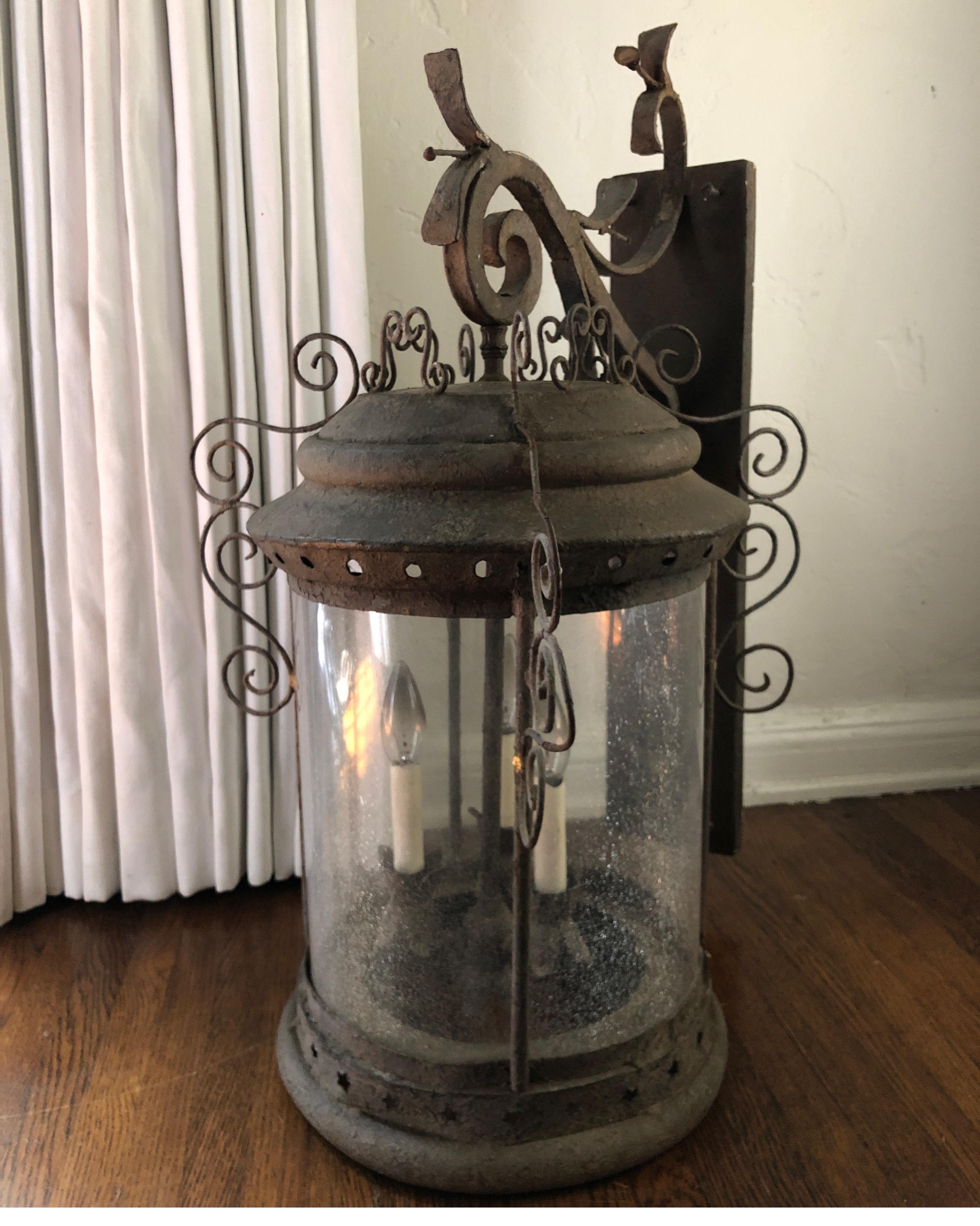 Glass Antique French Iron Wall Lantern For Sale
