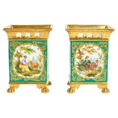 Antique French Jacob Petit Green Ground Porcelain Footed Vases- Pair