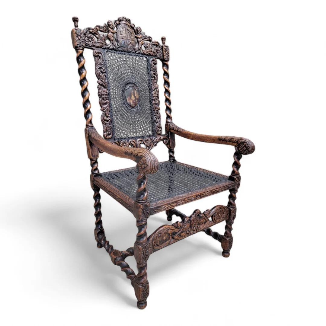 Unknown Antique French Jacobean/Renaissance Revival Carved Figural Throne Chairs, Pair For Sale