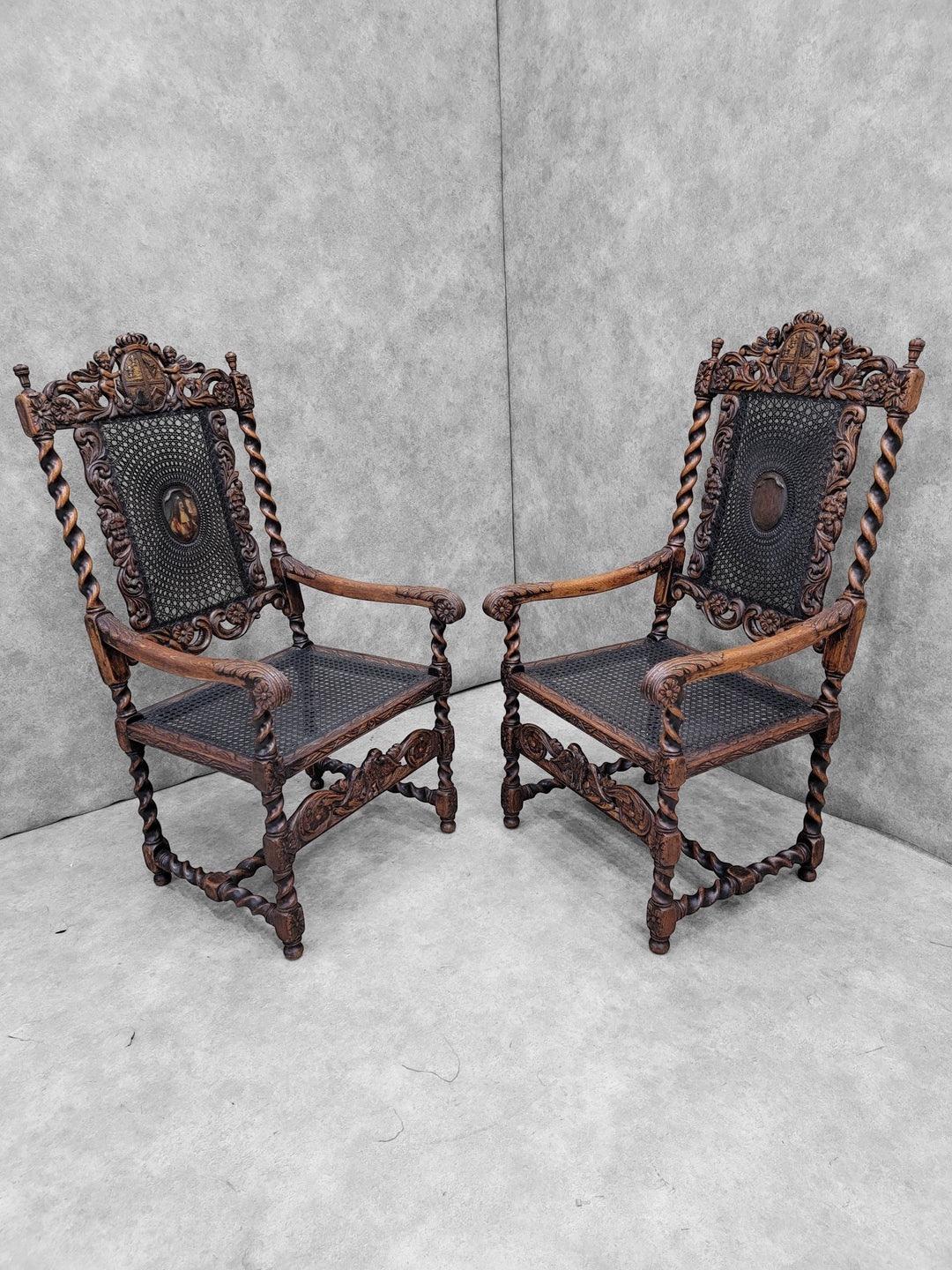 Antique French Jacobean/Renaissance Revival Carved Figural Throne Chairs, Pair In Good Condition For Sale In Chicago, IL