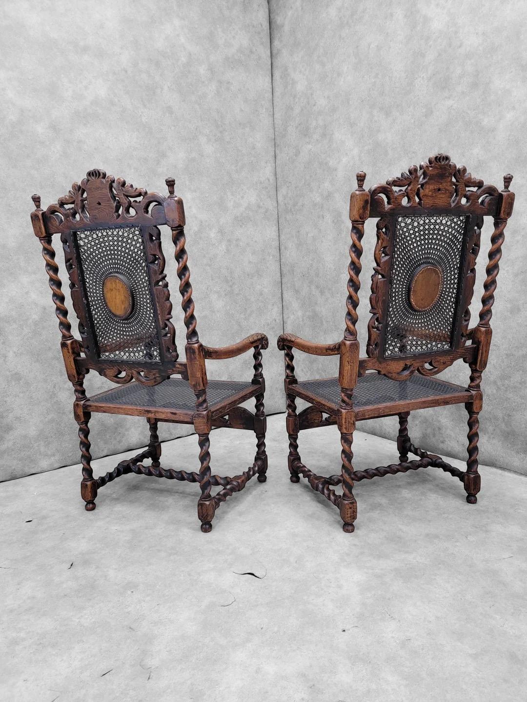 Walnut Antique French Jacobean/Renaissance Revival Carved Figural Throne Chairs, Pair For Sale