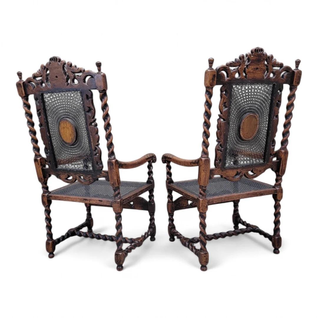 Antique French Jacobean/Renaissance Revival Carved Figural Throne Chairs, Pair For Sale 1