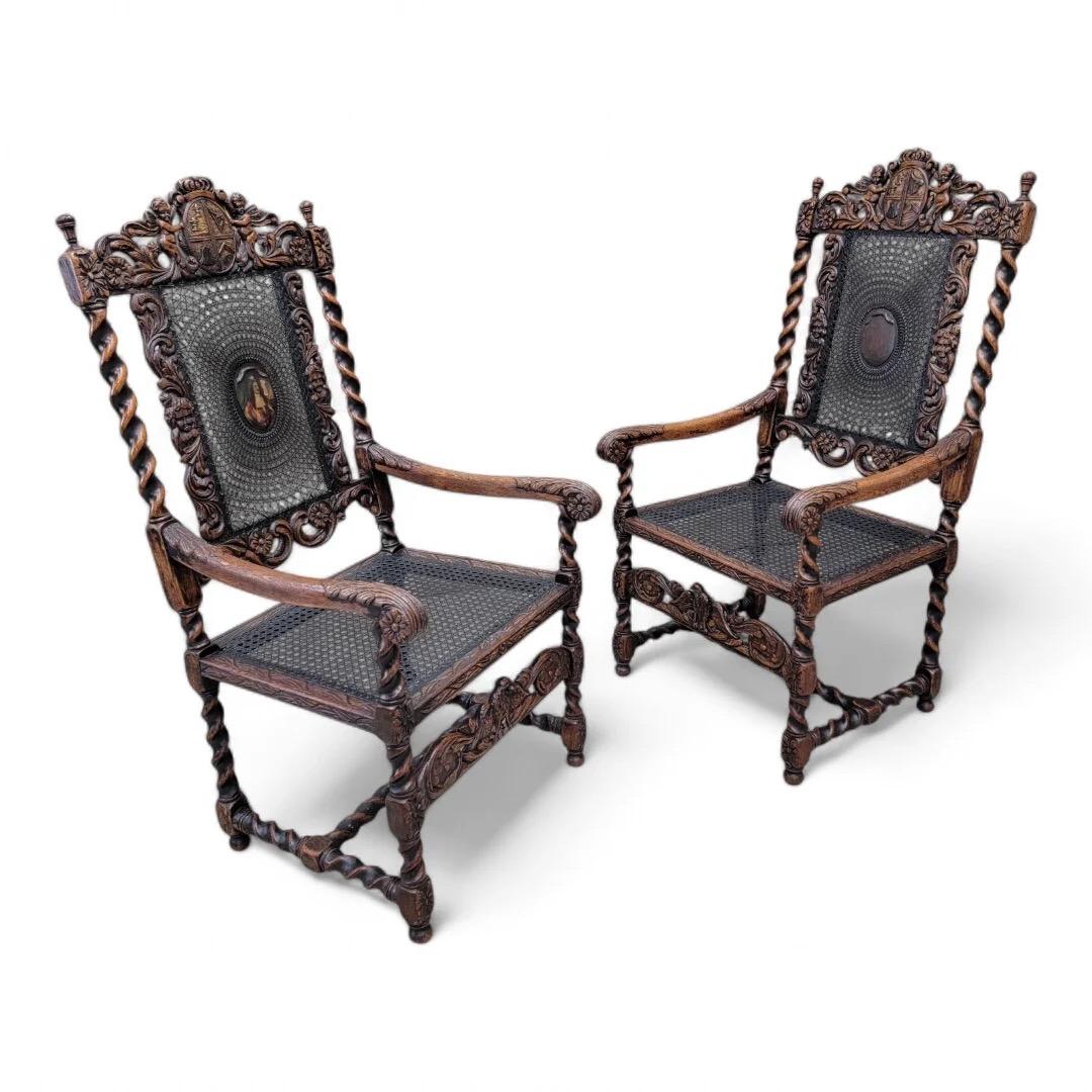 Antique French Jacobean/Renaissance Revival Carved Figural Throne Chairs, Pair For Sale 2
