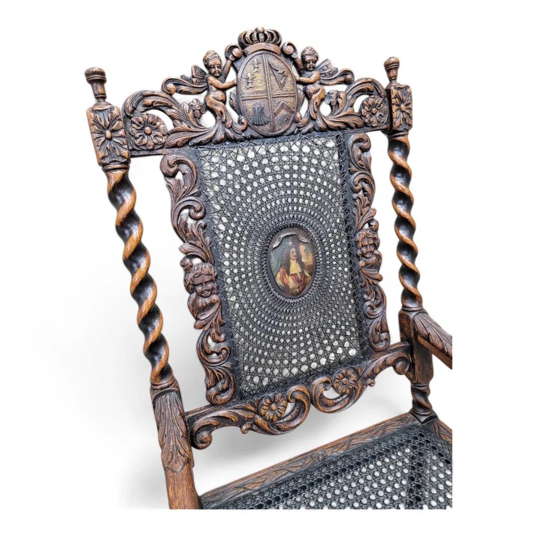 Antique French Jacobean/Renaissance Revival Carved Figural Throne Chairs, Pair For Sale 3
