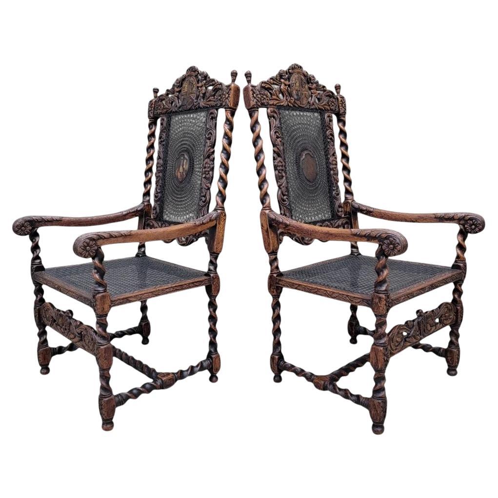 Antique French Jacobean/Renaissance Revival Carved Figural Throne Chairs, Pair
