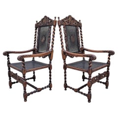 Antique French Jacobean/Renaissance Revival Carved Figural Throne Chairs, Pair