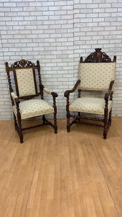Antique French Jacobean Revival Renaissance Style Carved Dining Chairs - 8 Set