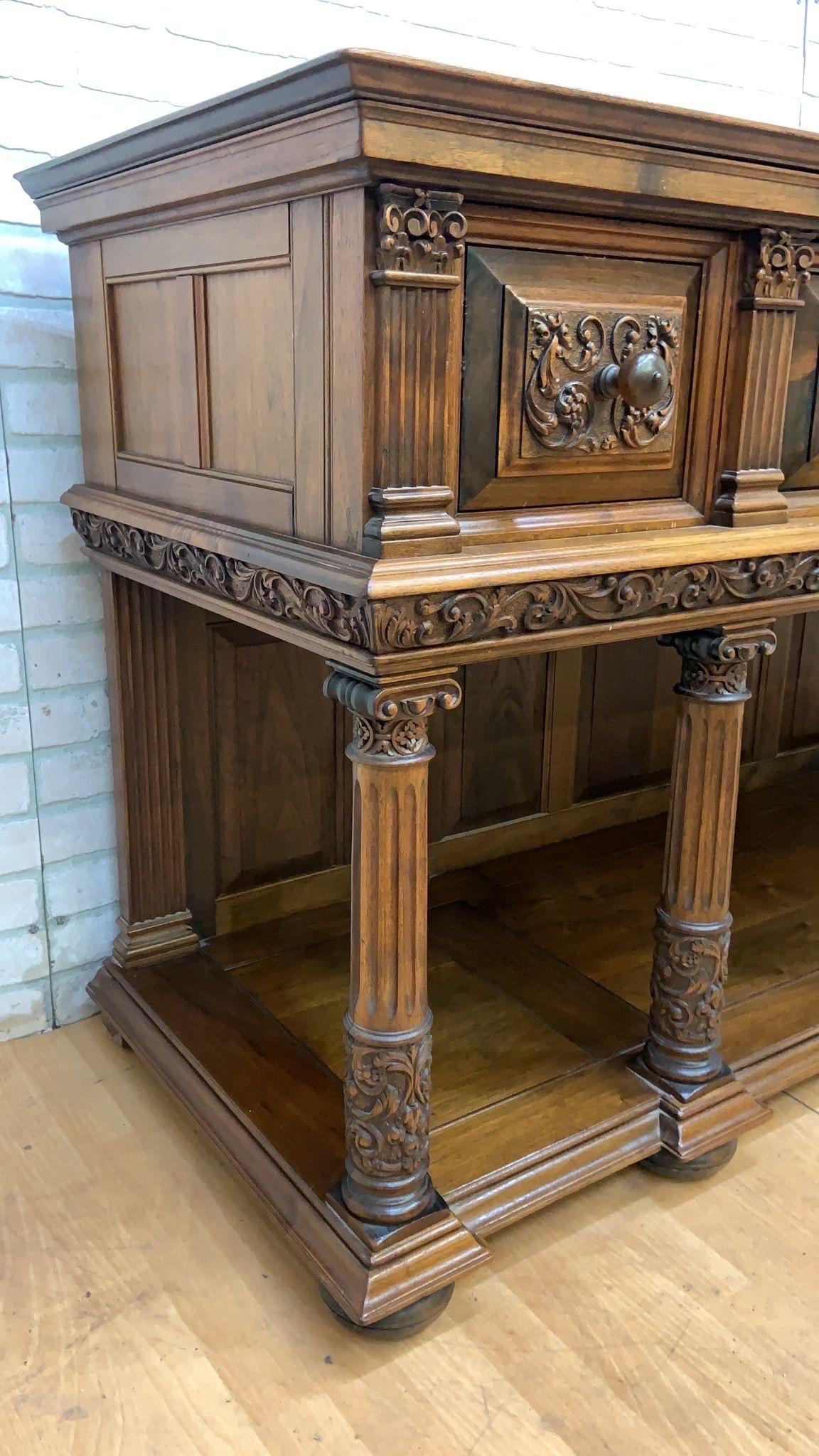 XIX secolo Antique French Jacobean Revival Renaissance Style Carved Walnut Sideboard Buffet in vendita
