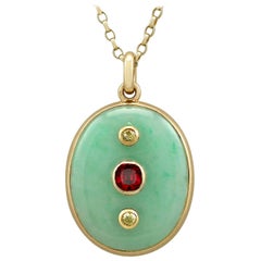 Antique French Jade and Garnet, Diamond and Yellow Gold Locket