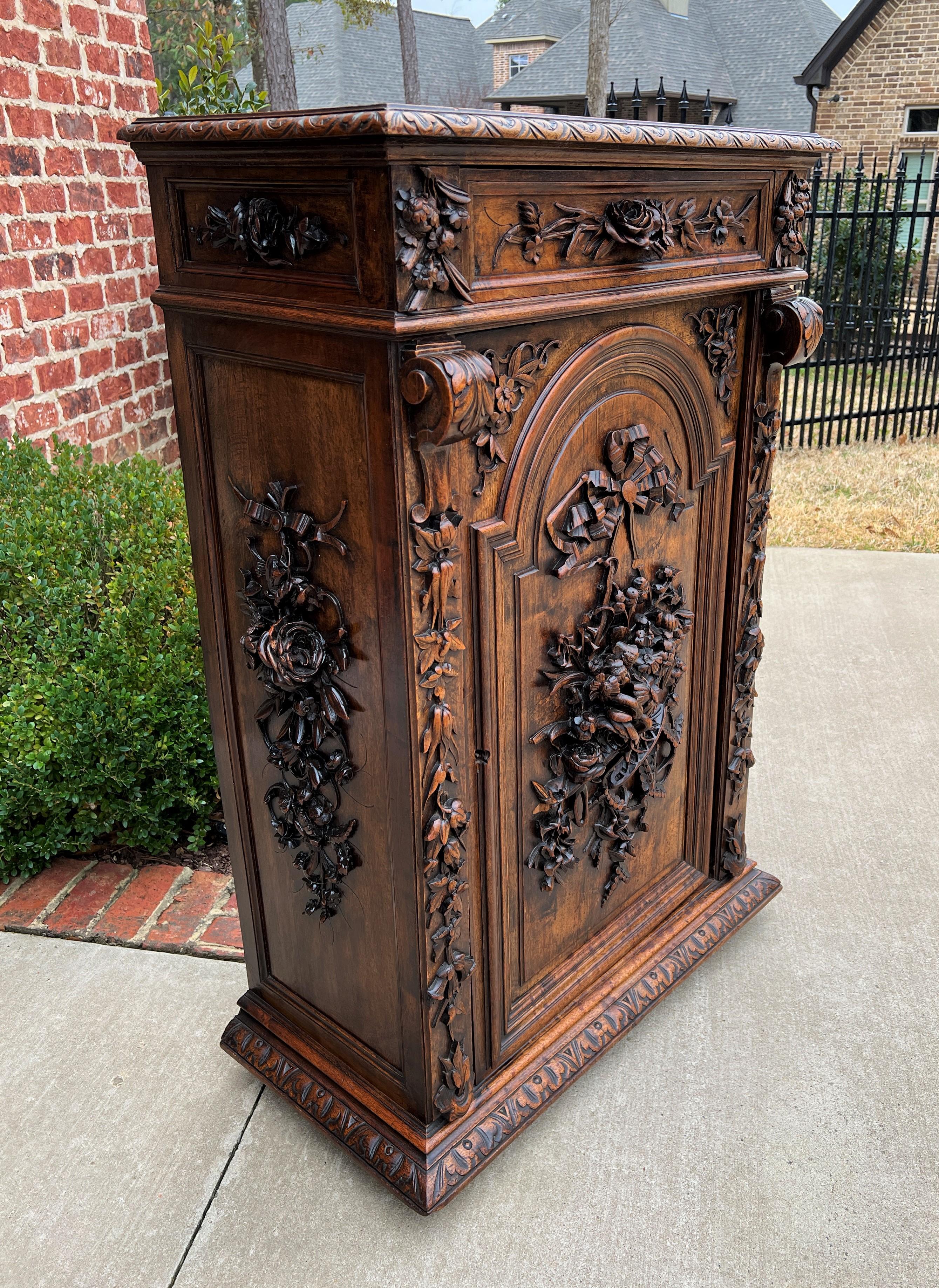 Antique French Jam Carved Oak Renaissance Revival Roses Tall Slim Superb For Sale at 1stDibs