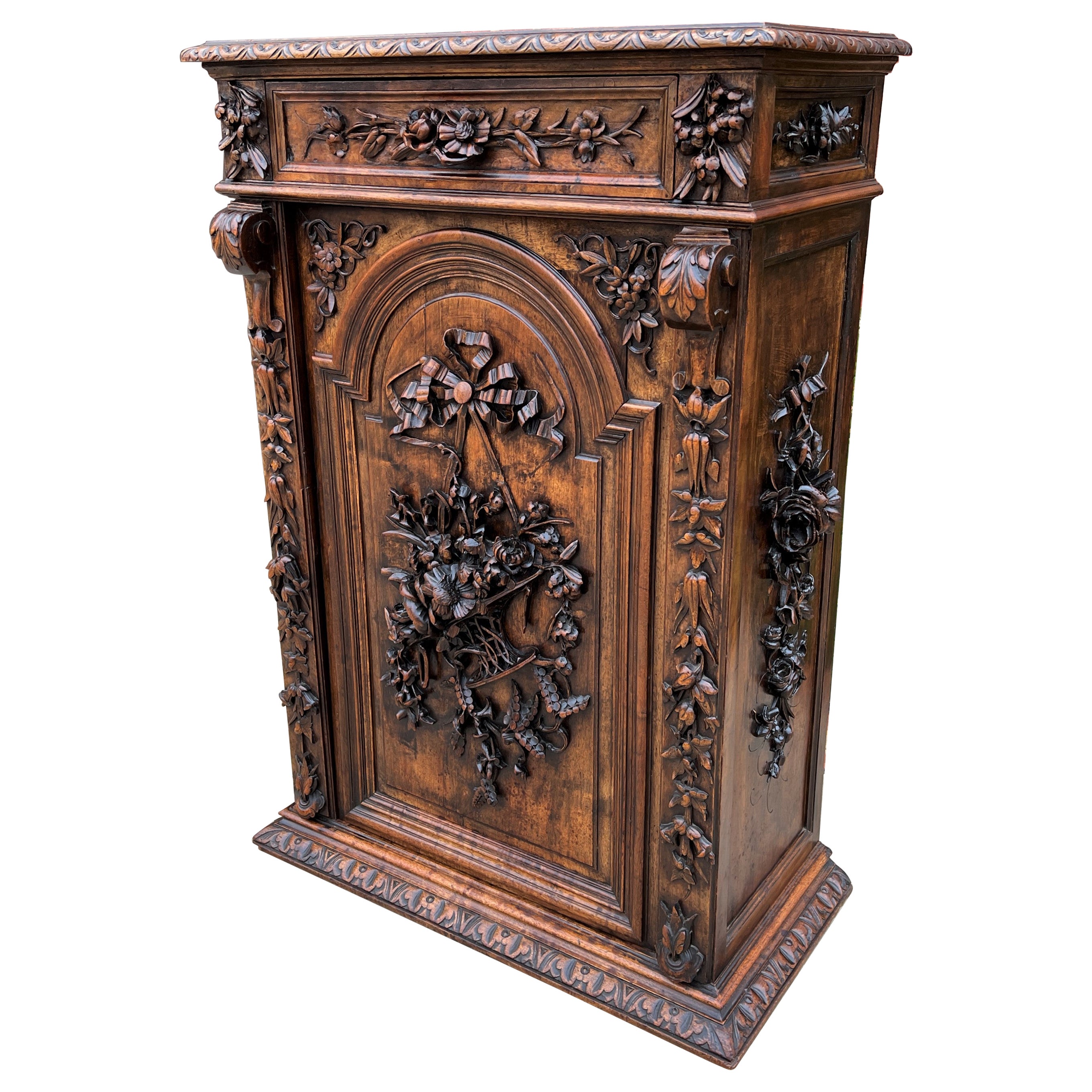Antique French Jam Cabinet Carved Oak Renaissance Revival Roses Tall Slim Superb