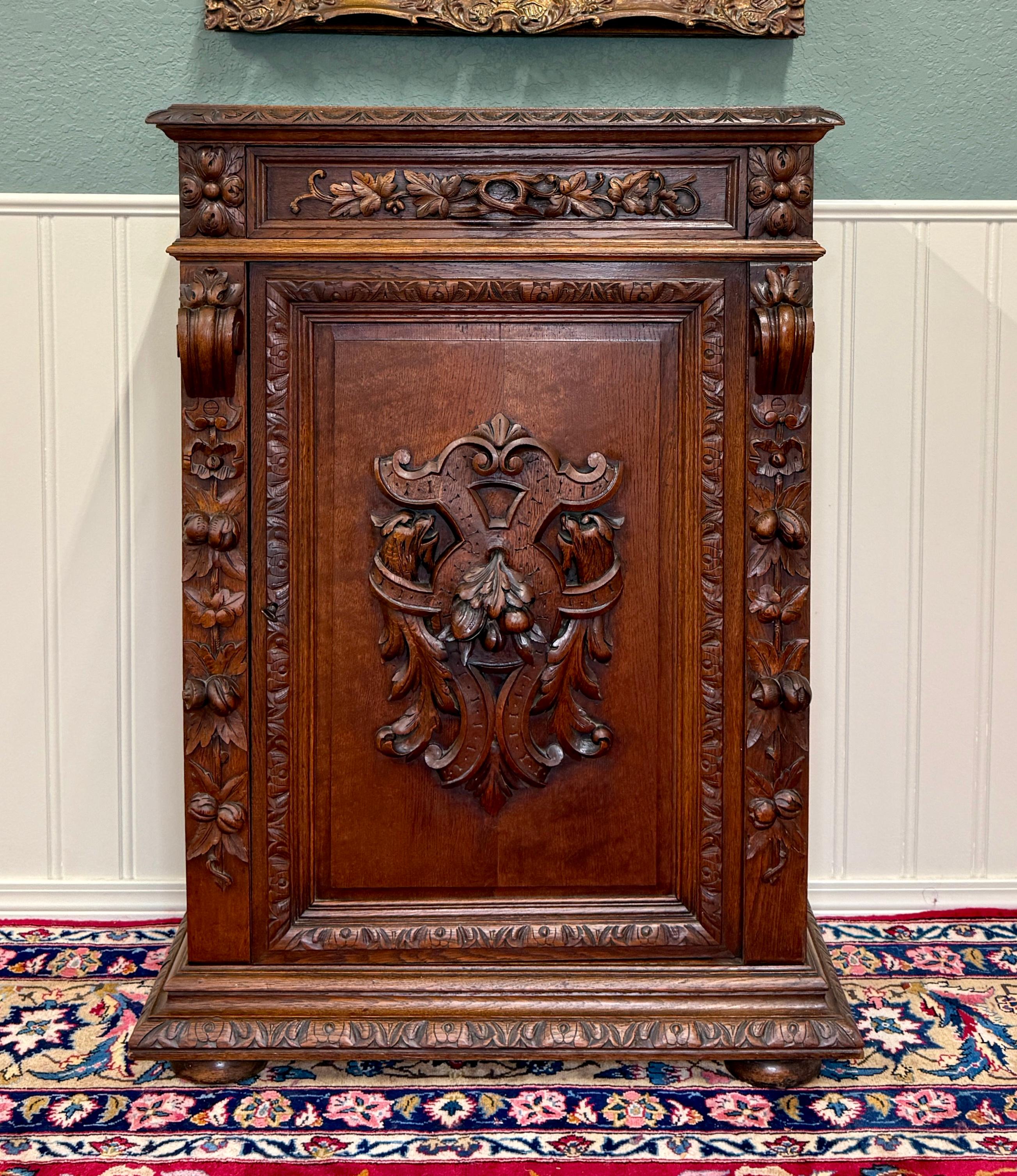 Renaissance Revival Antique French Jam Cabinet Cupboard Bookcase Storage Drawer Carved Oak 19th C For Sale