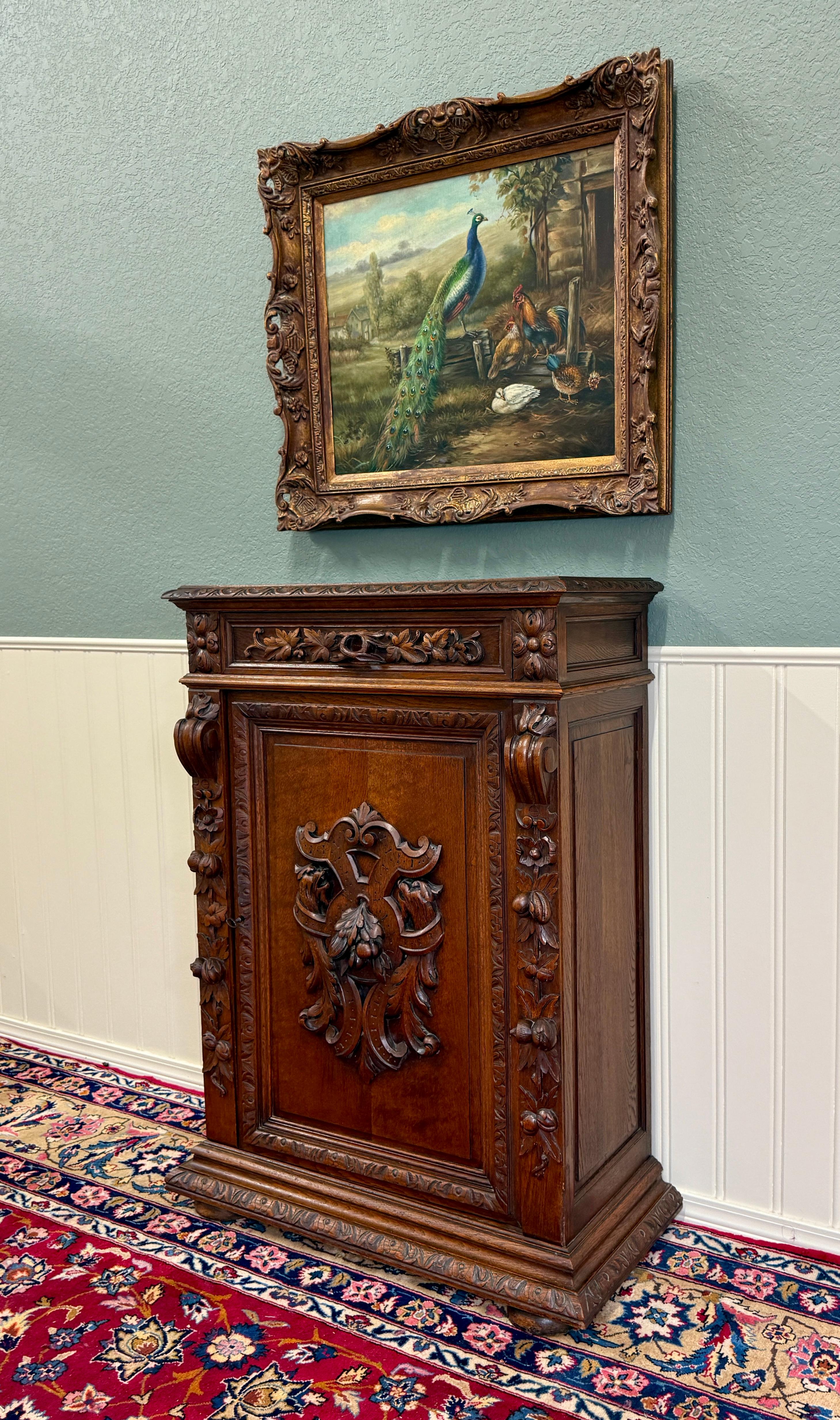 Antique French Jam Cabinet Cupboard Bookcase Storage Drawer Carved Oak 19th C In Good Condition For Sale In Tyler, TX