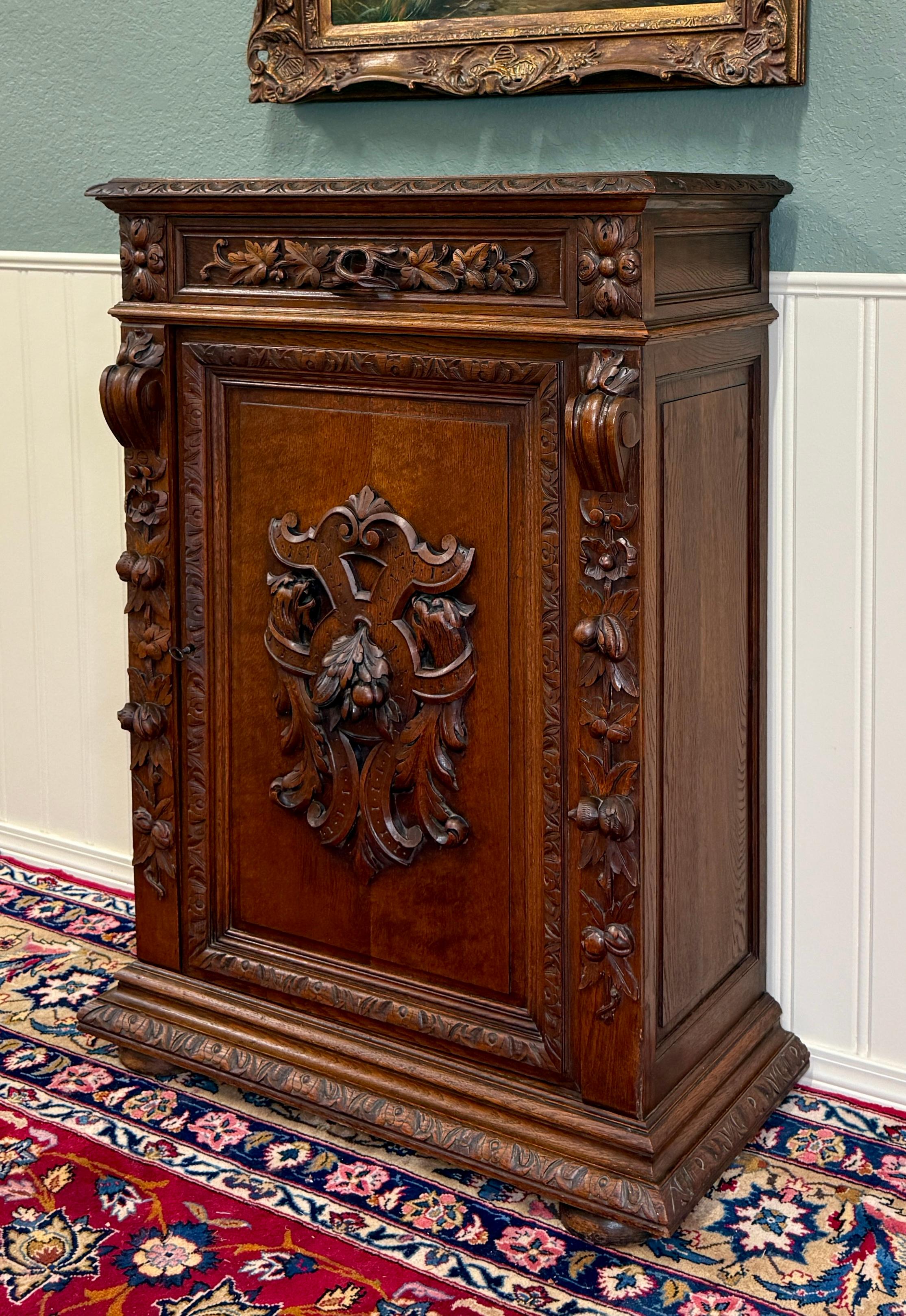 Late 19th Century Antique French Jam Cabinet Cupboard Bookcase Storage Drawer Carved Oak 19th C For Sale