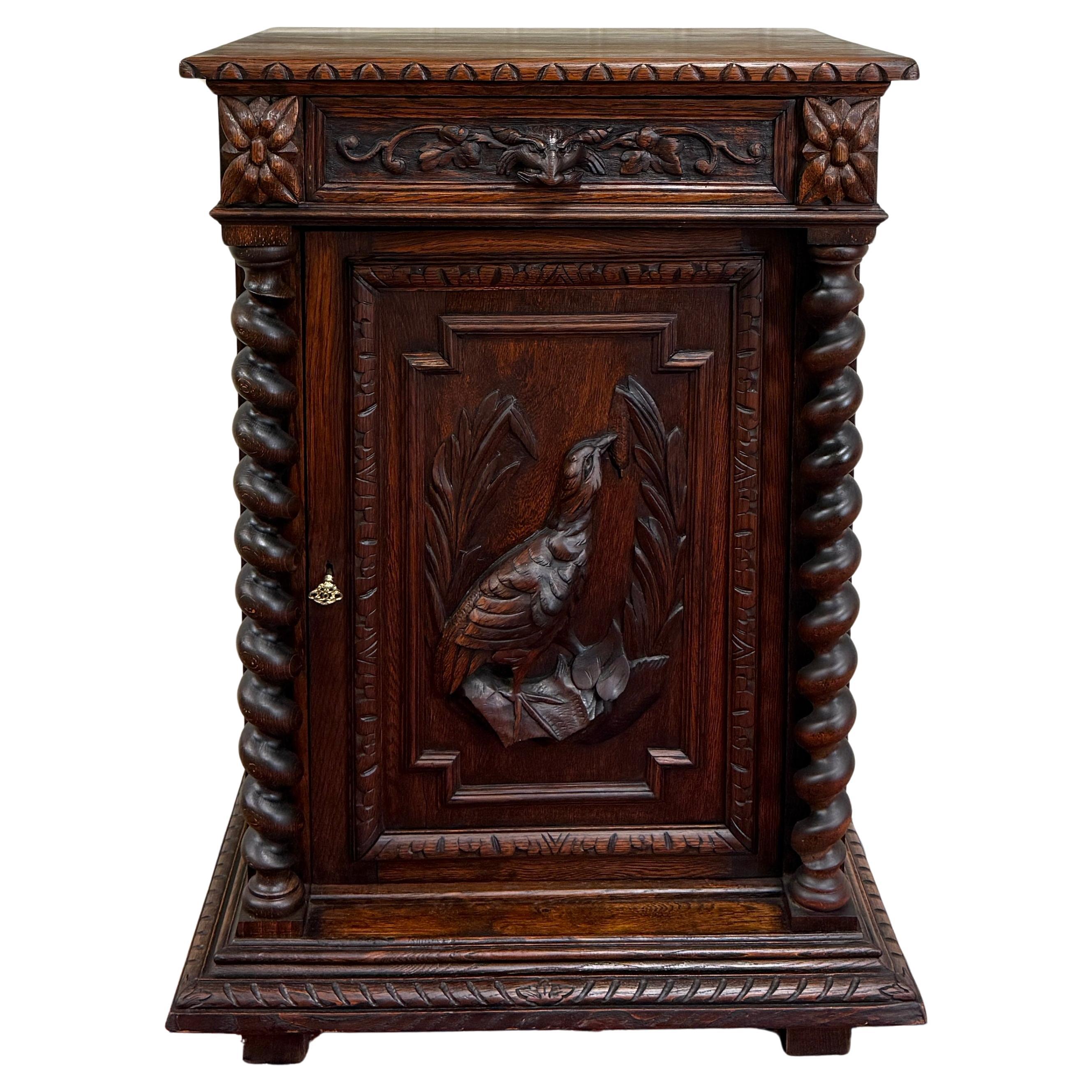 Antique French Jam Cabinet Cupboard Pedestal Barley Twist Drawer Oak Pheasant For Sale