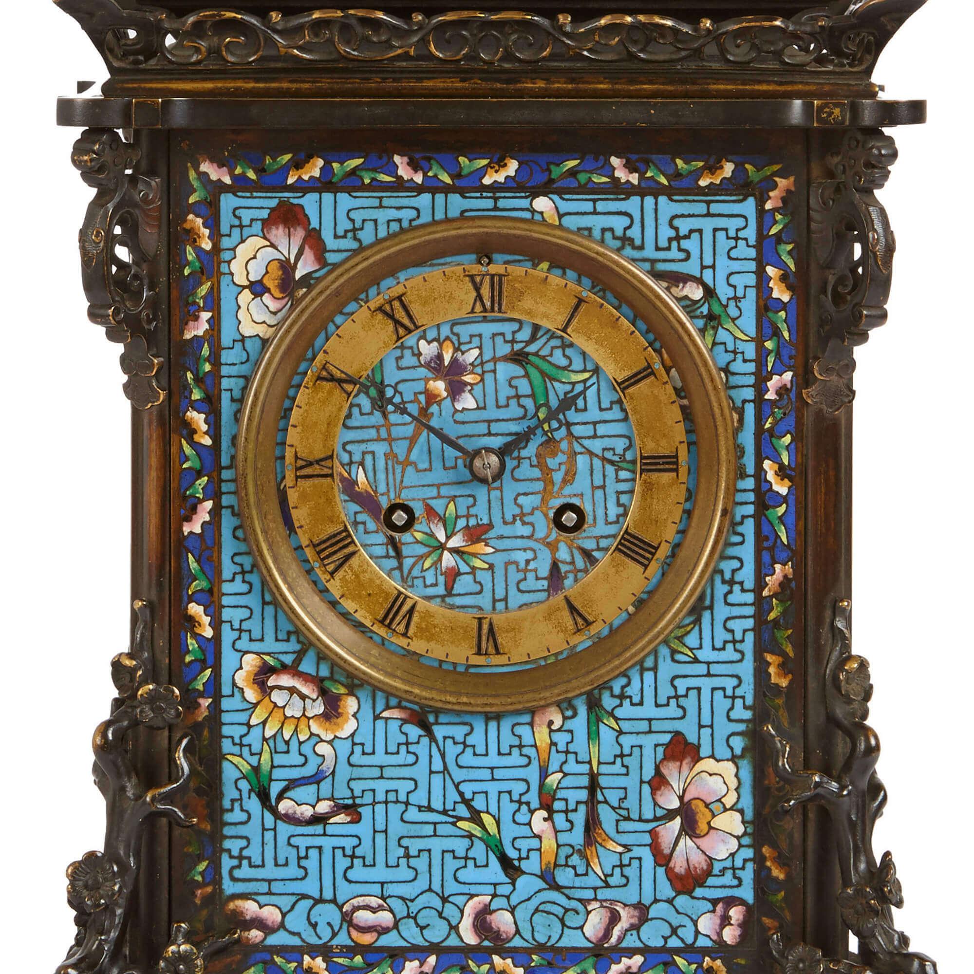 Antique French Japonisme Mantel Clock with Floral Champlevé Enamel In Good Condition For Sale In London, GB