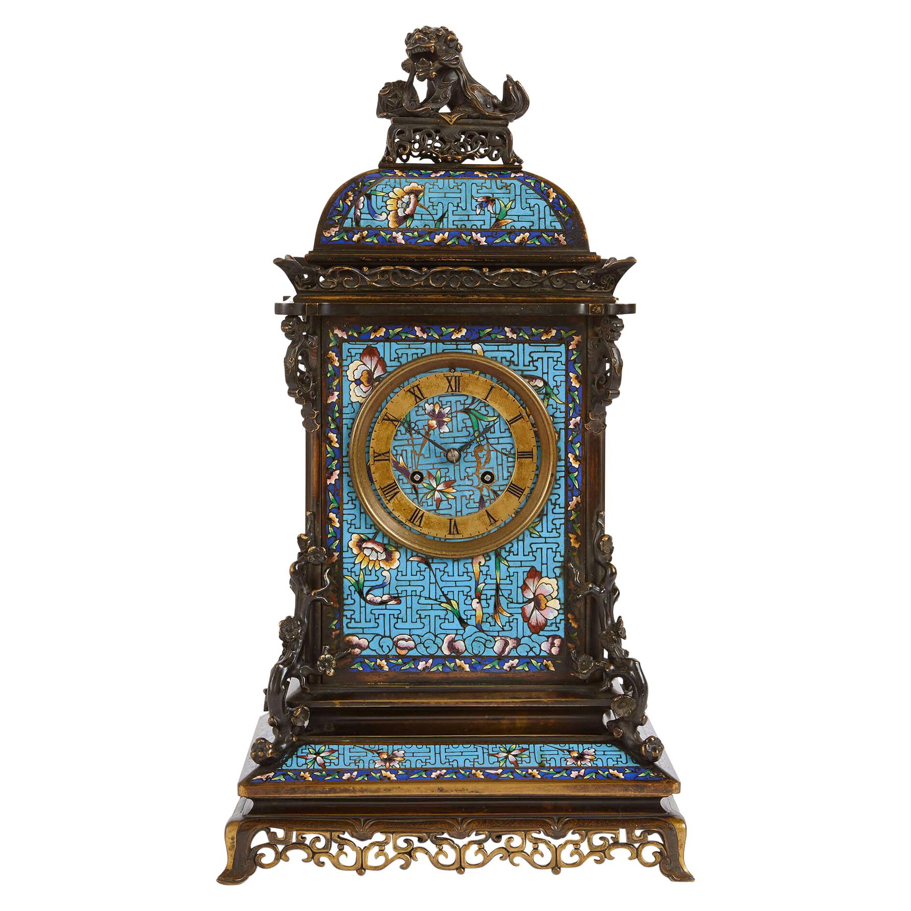 Antique French Japonisme Mantel Clock with Floral Champlevé Enamel For Sale