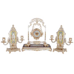 Antique French Japonisme Silvered Bronze and Porcelain Three-Piece Clock Set