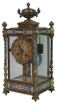 Antique French Japy Freres Brass Champleve Enameled Cloisonne Mantel Clock