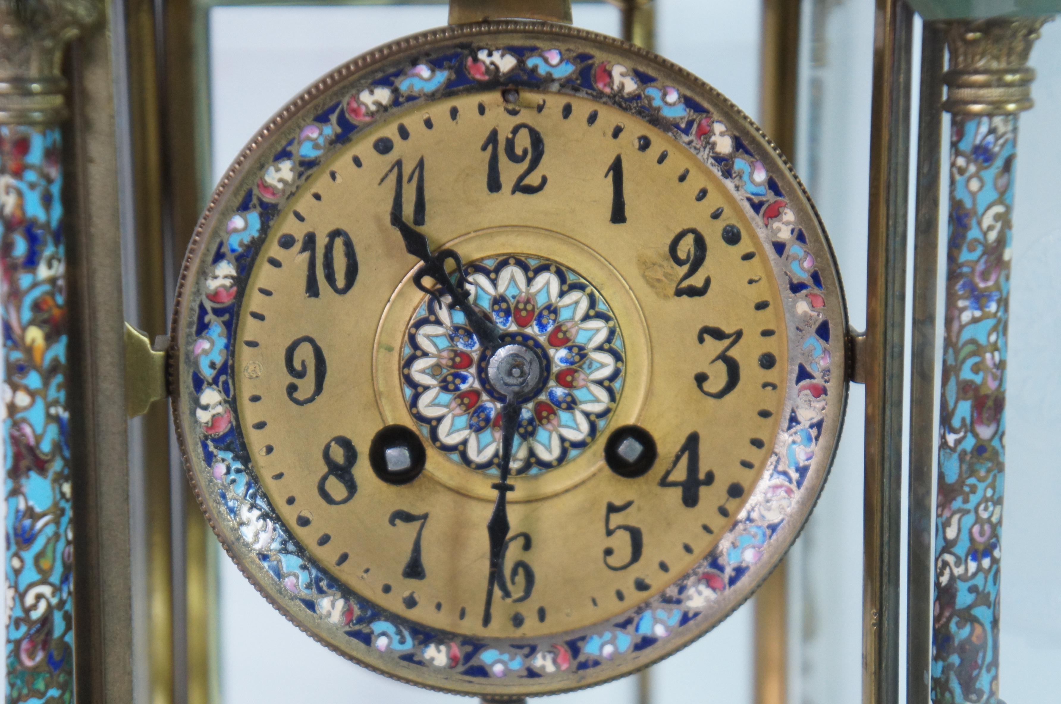 Antique French Japy Freres Brass Champleve Enameled Cloisonne Mantel Clock For Sale 2