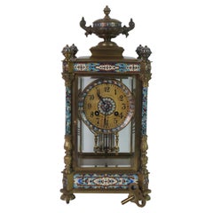 Antique French Japy Freres Brass Champleve Enameled Cloisonne Mantel Clock