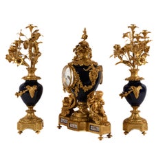 Antique French Japy Frères Bronze and Porcelain Clock Set