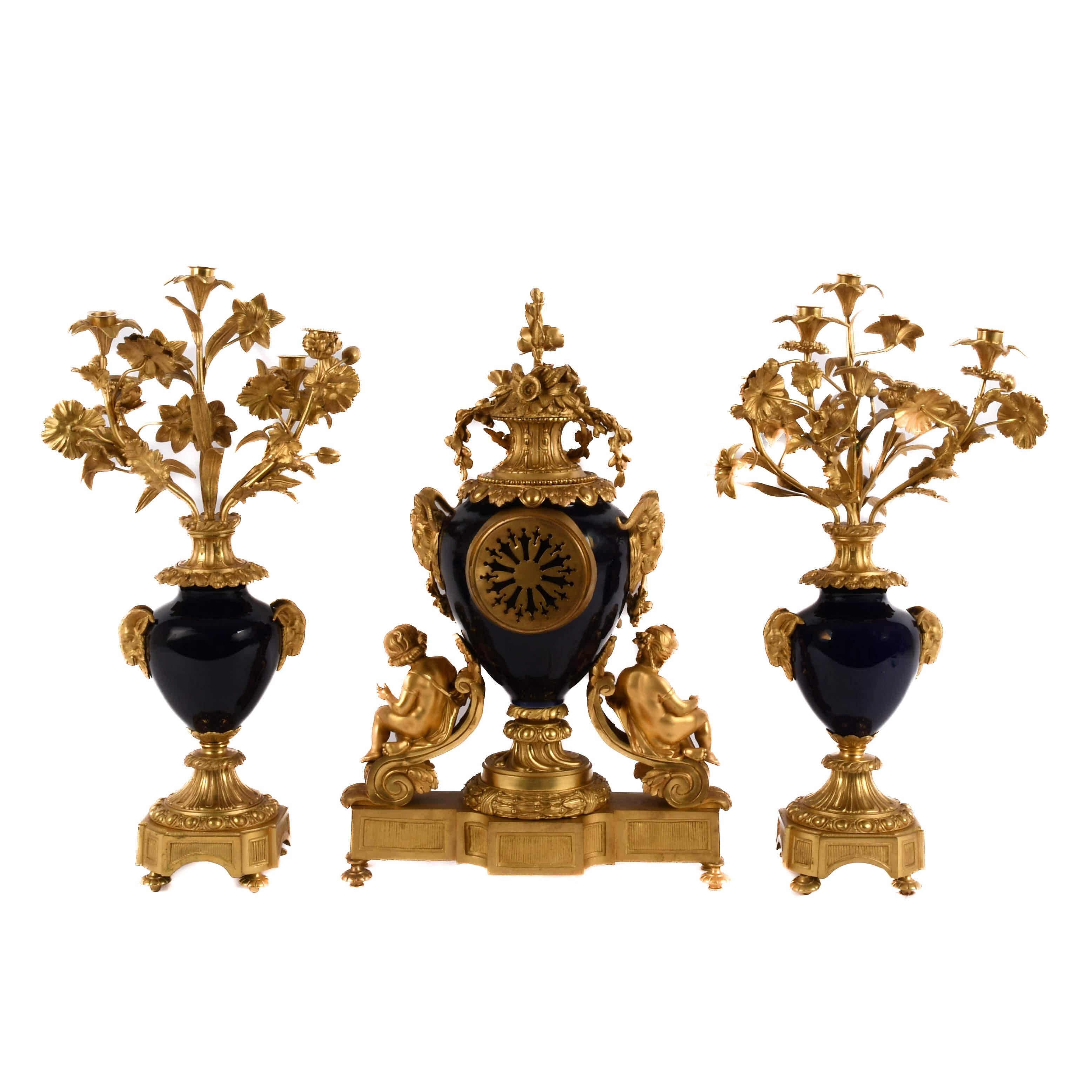 Belle Époque Antique French Japy Frères Bronze and Porcelain Clock Set For Sale