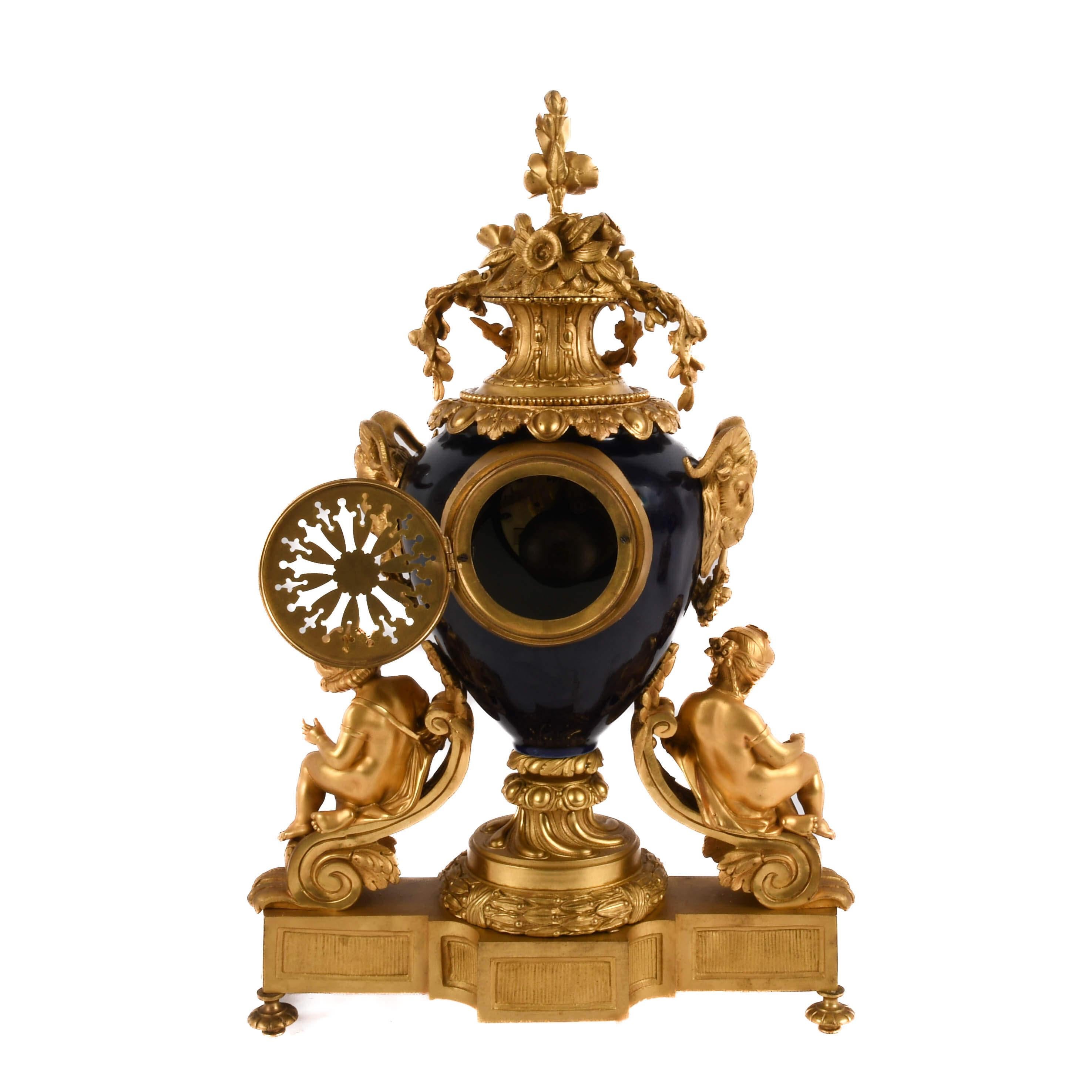 Antique French Japy Frères Bronze and Porcelain Clock Set In Good Condition For Sale In MC Leansville, NC