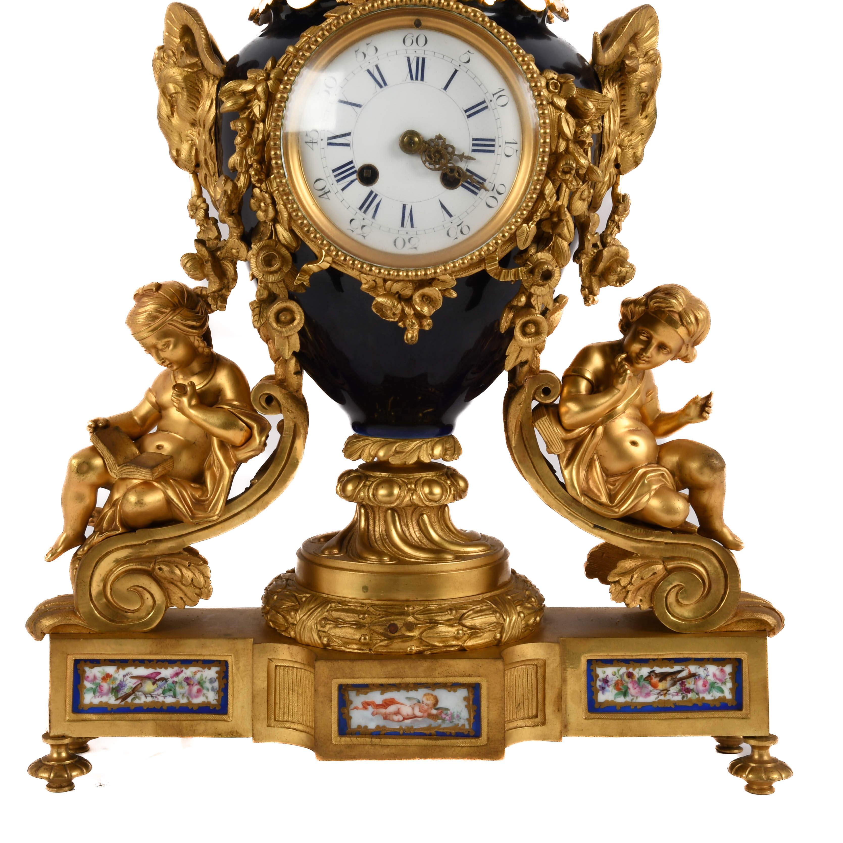19th Century Antique French Japy Frères Bronze and Porcelain Clock Set For Sale