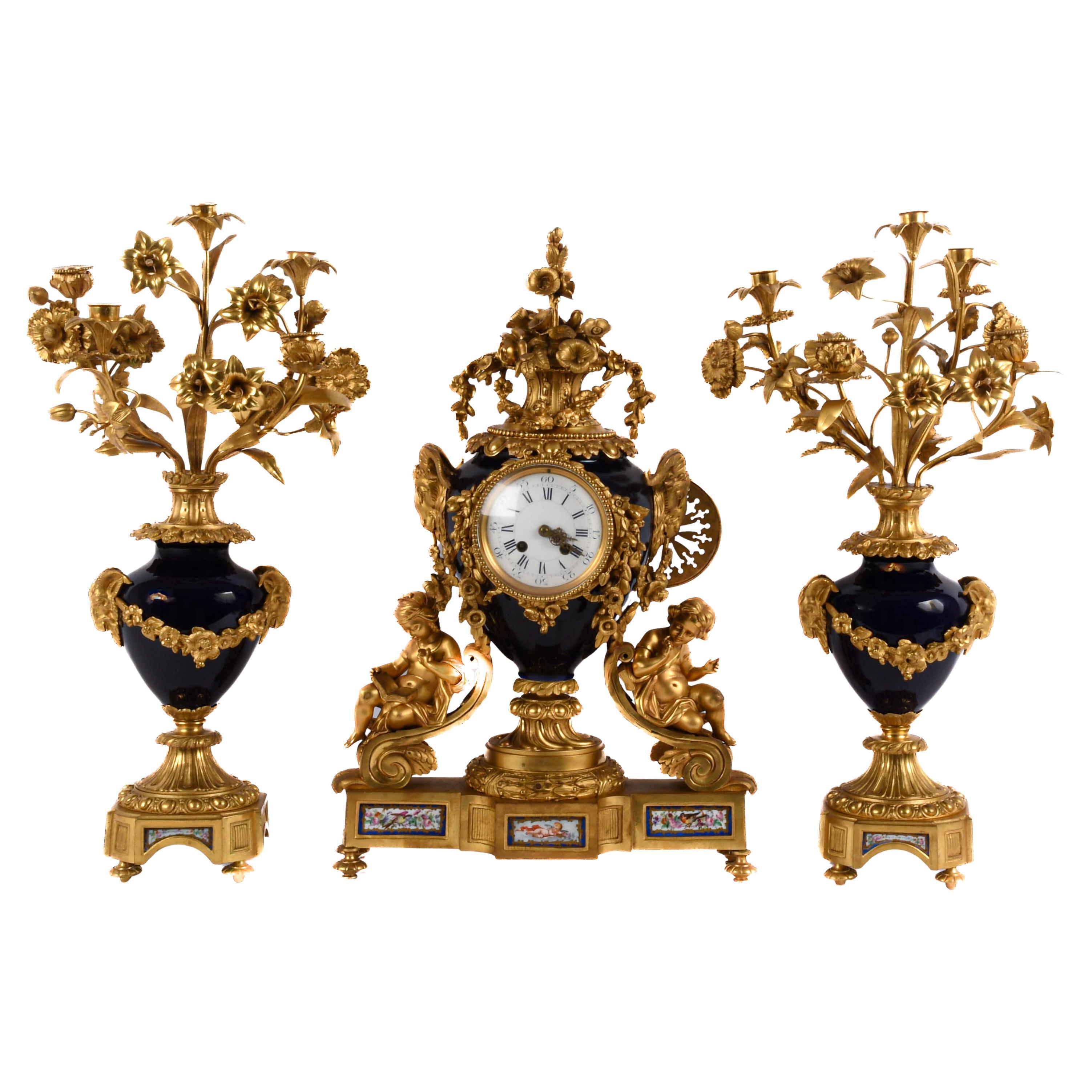 Antique French Japy Frères Bronze and Porcelain Clock Set For Sale