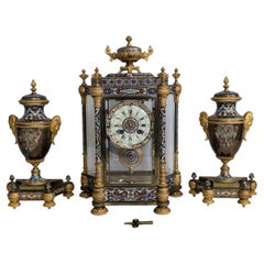 Antique French Japy Freres Cloissone 3 Piece Clock Set