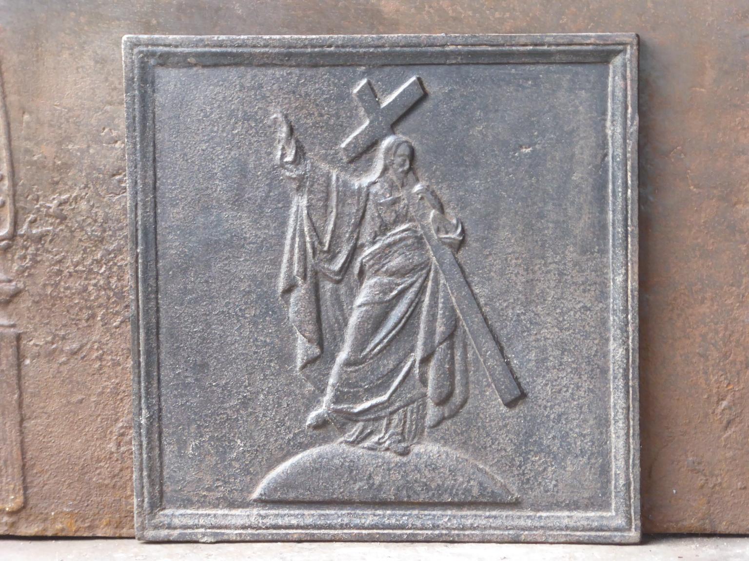 19th century French Napoleon III fireback with Jesus. The fireback is made of cast iron and has black / pewter patina. It is in a good condition and does not have cracks.