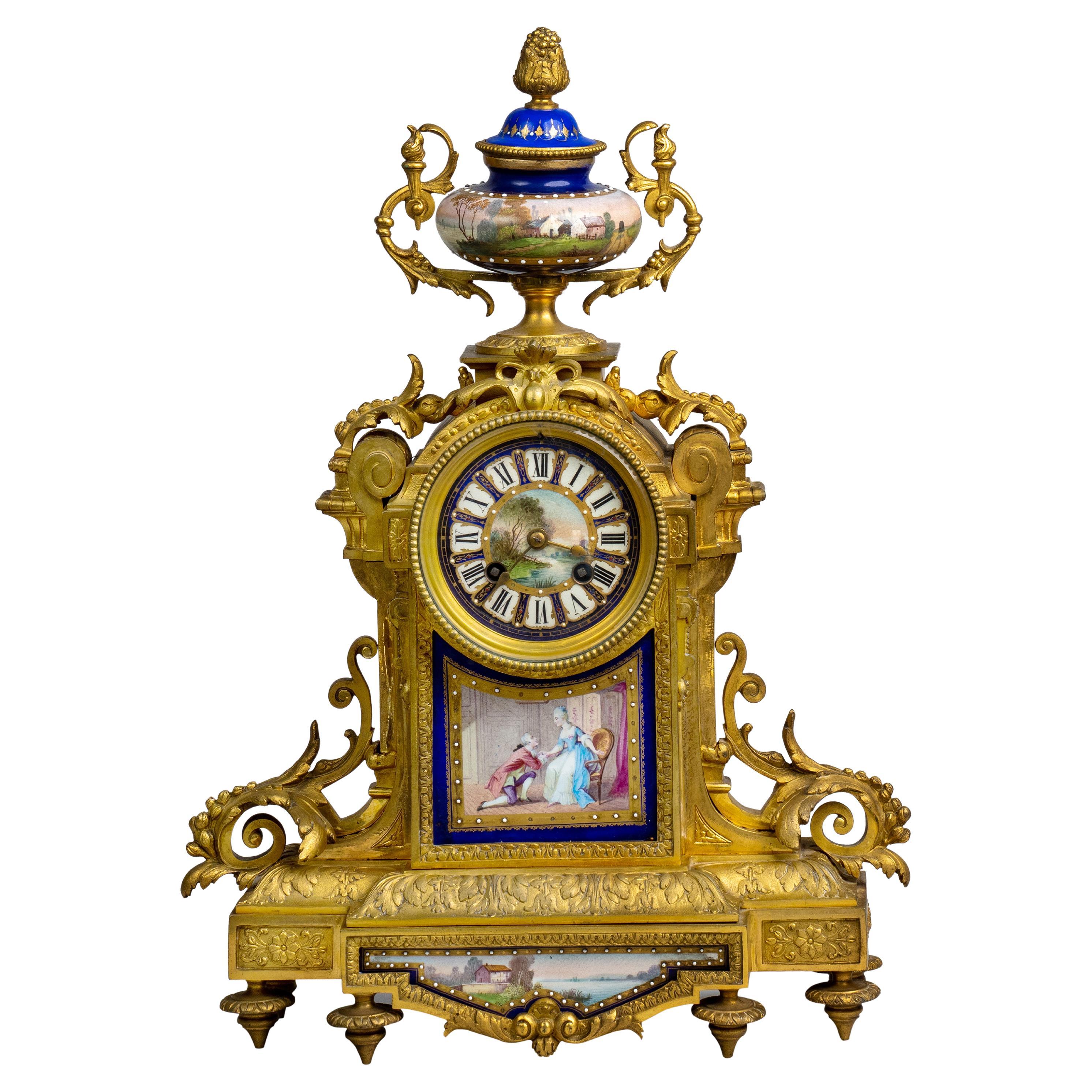 Antique French Jeweled Porcelain Mounted Sevres Style Clock