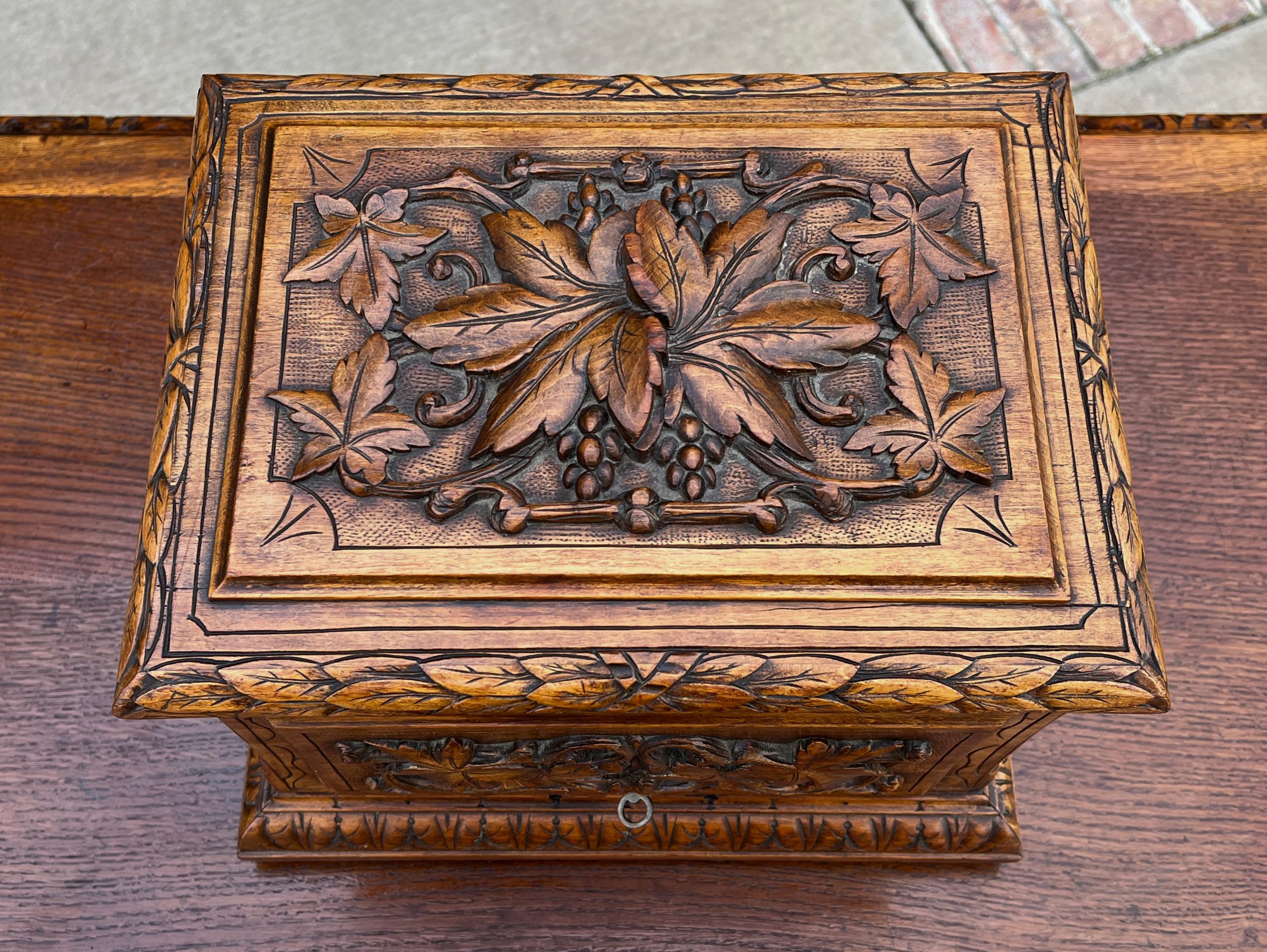 19th Century Antique French Jewelry Accessory Box Black Forest Walnut 8 Interior Drawers 19C