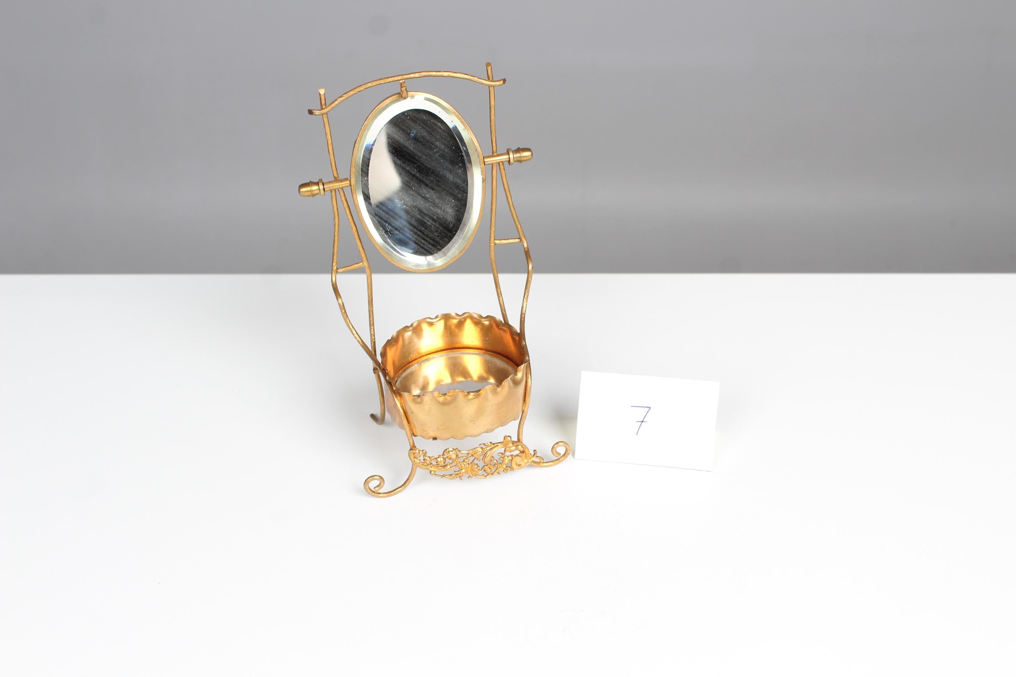 Brass Antique French Jewelry Holder, Art Nouveau, Vide Poche, Miniature Vanity Mirror For Sale