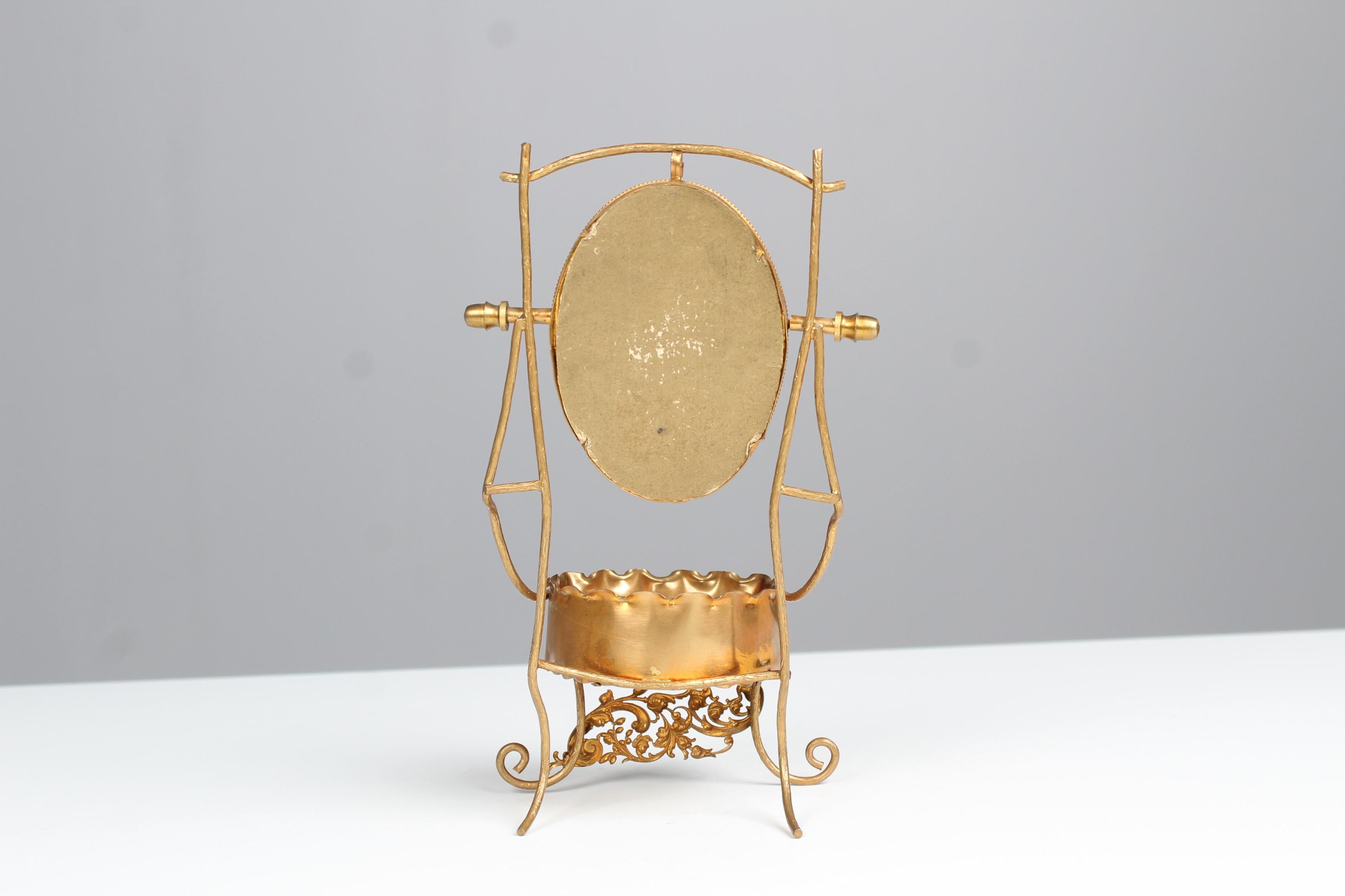 Laiton Antique Porte-Bijoux Français, Art Nouveau, Vide Poche, Miniature Vanity Mirror en vente