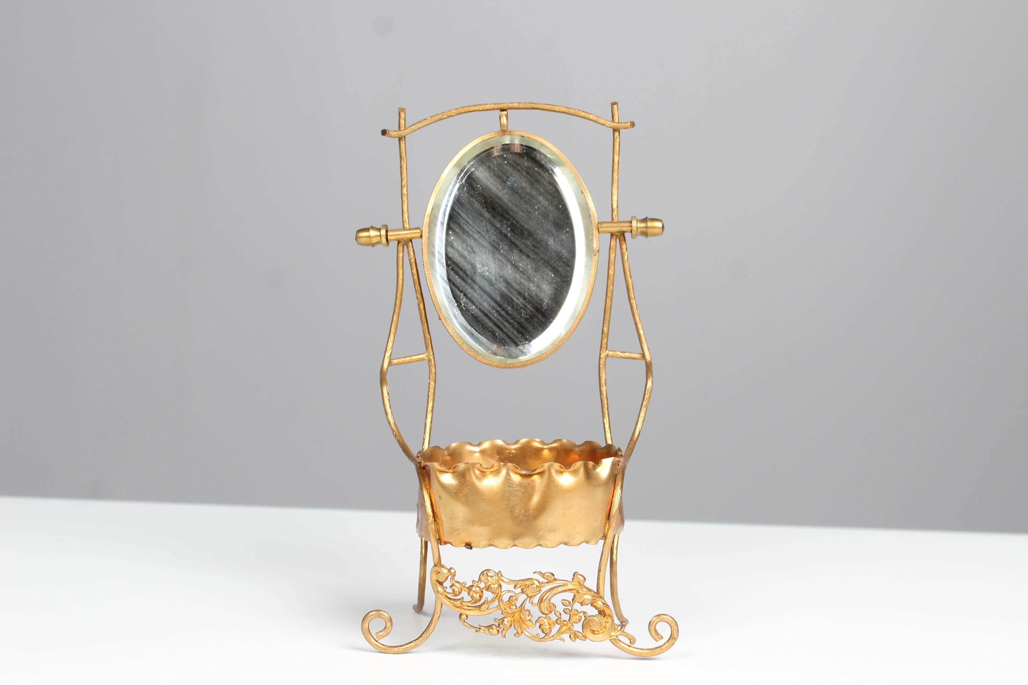 Antique French Jewelry Holder, Art Nouveau, Vide Poche, Miniature Vanity Mirror For Sale 2