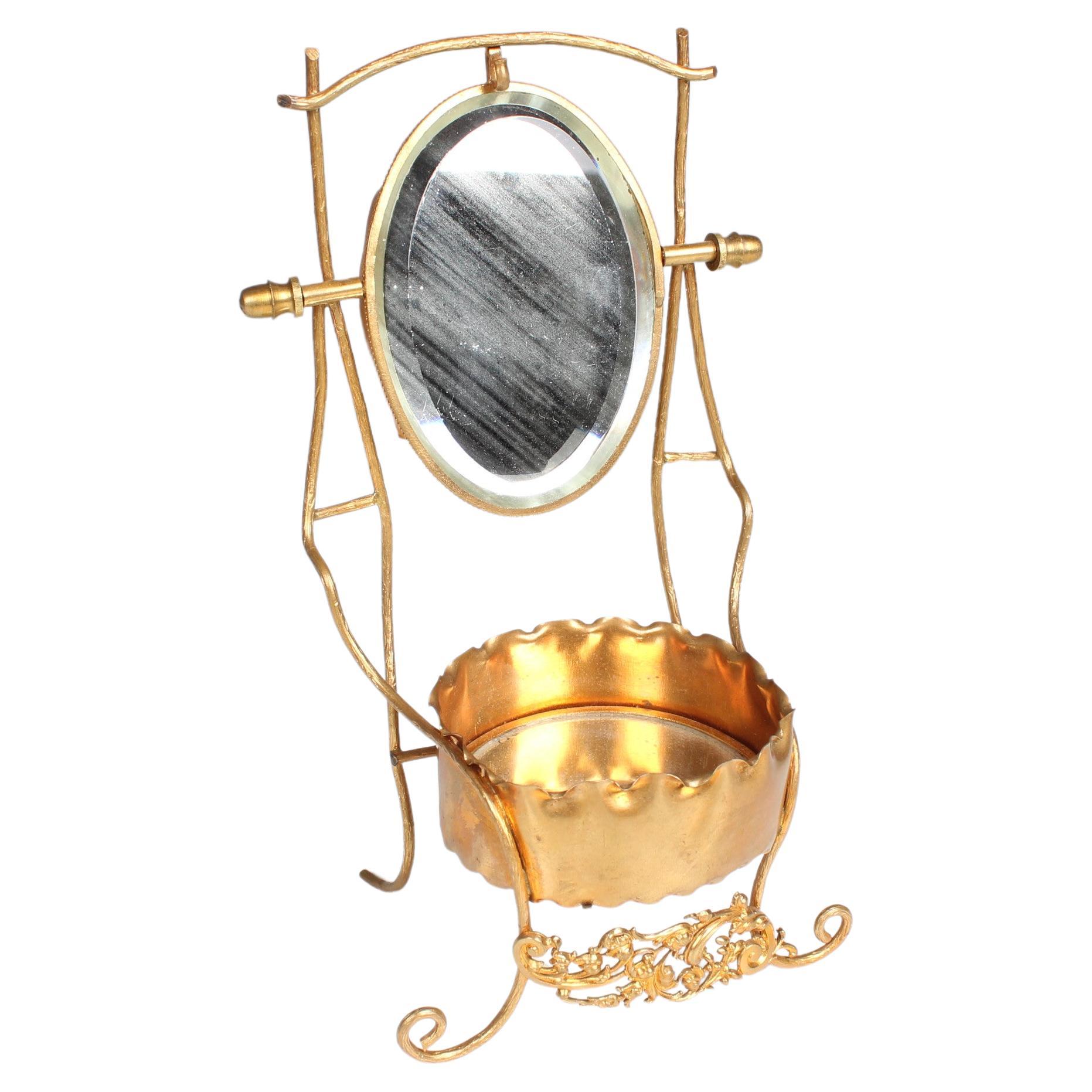 Antique French Jewelry Holder, Art Nouveau, Vide Poche, Miniature Vanity Mirror For Sale