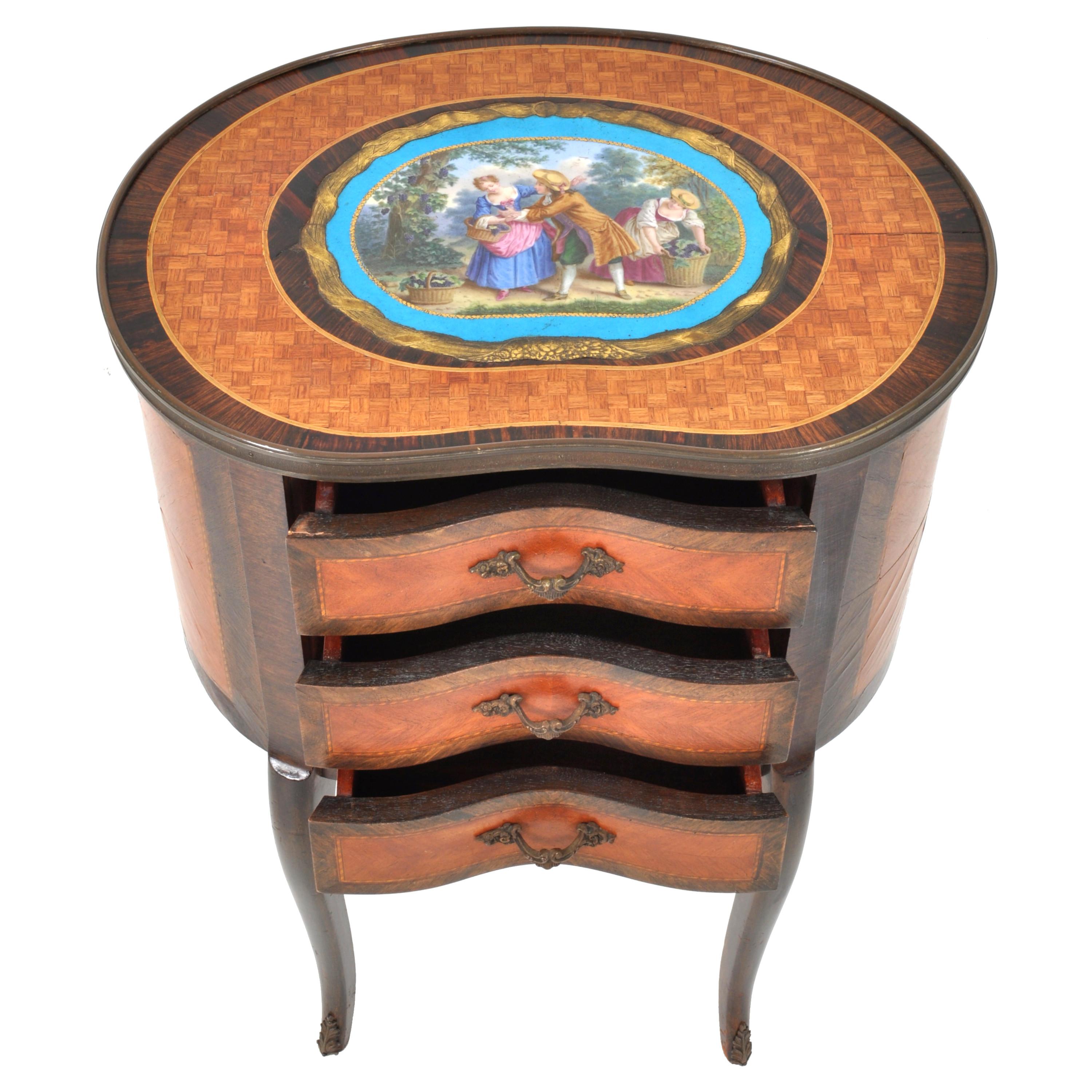 Gilt Antique French Kidney Shaped Inlaid Side Table Cabinet Chest Sevres Plaque, 1890 For Sale