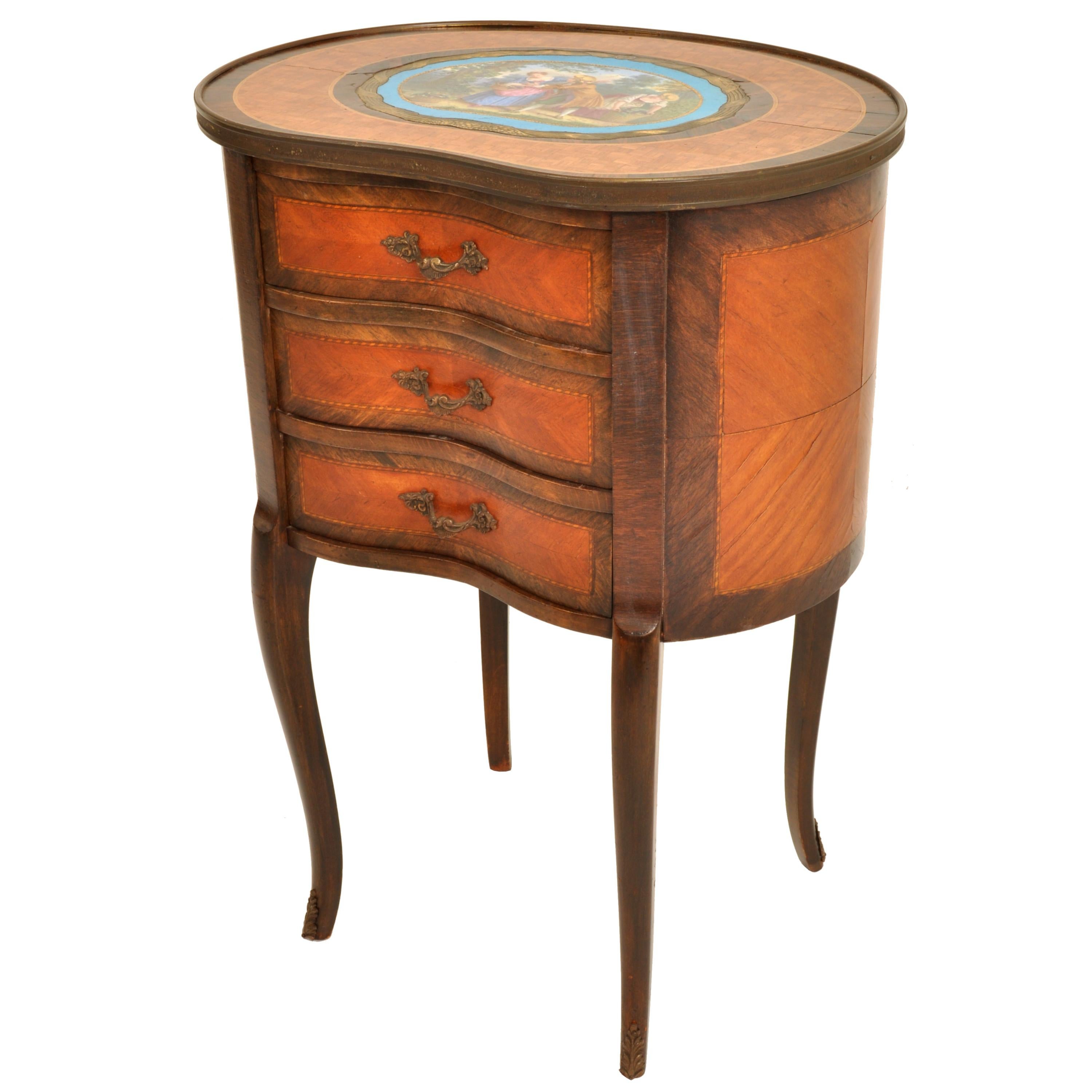 Enamel Antique French Kidney Shaped Inlaid Side Table Cabinet Chest Sevres Plaque, 1890 For Sale