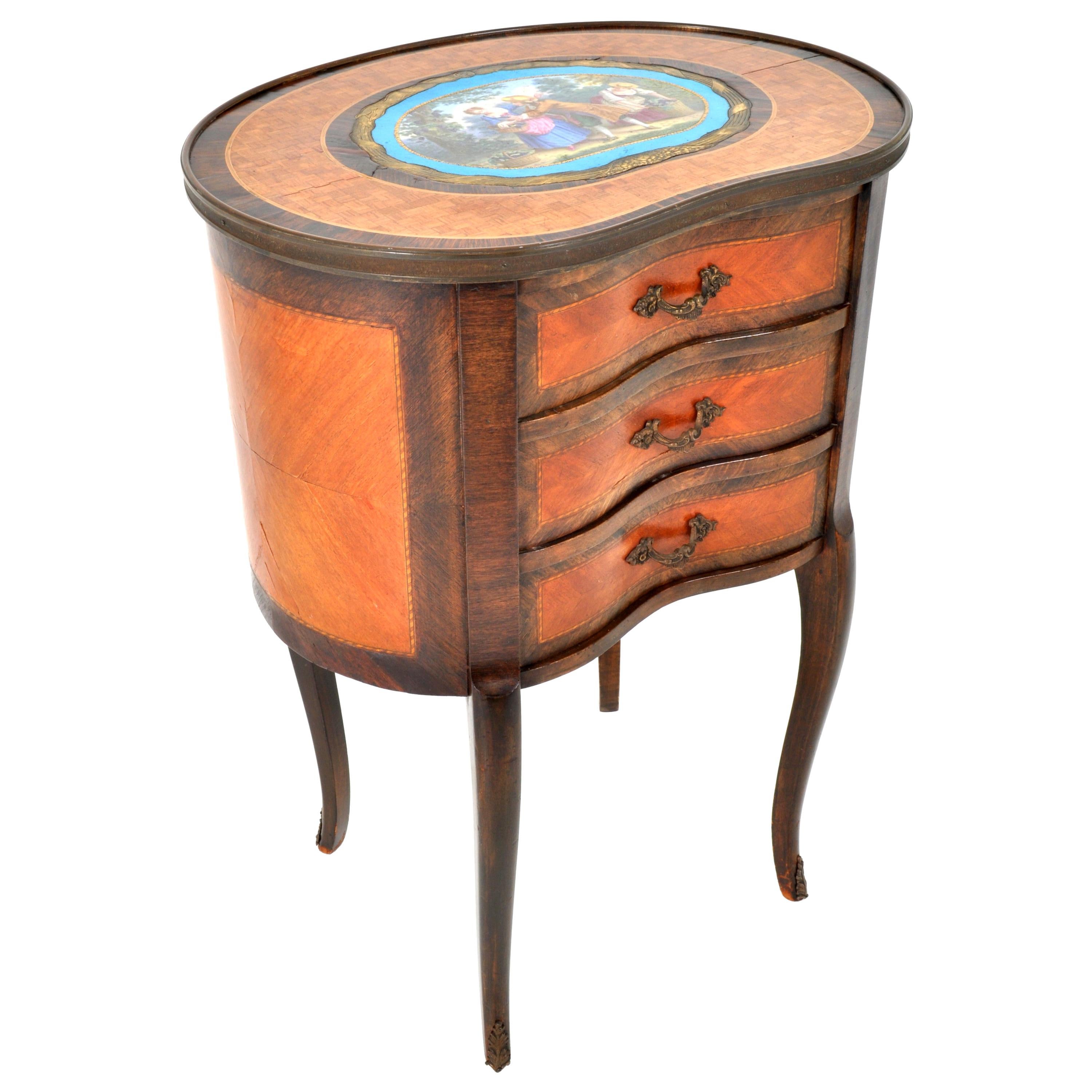 Antique French Kidney Shaped Inlaid Side Table Cabinet Chest Sevres Plaque, 1890 For Sale