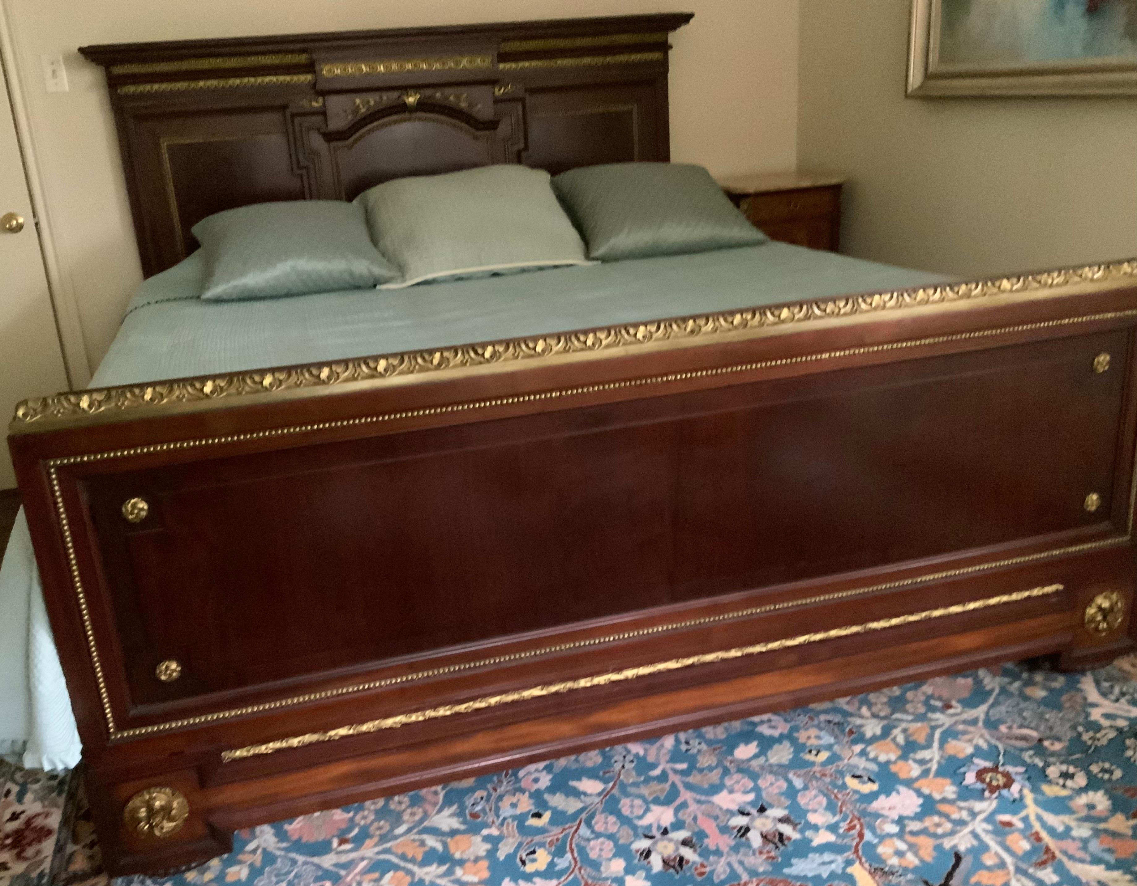 19th Century Antique French Kingsize bed, mahogany with gilt bronze accent For Sale