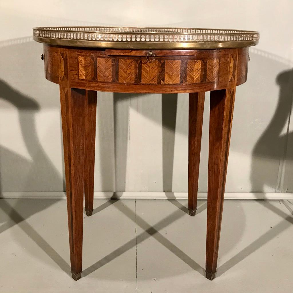 European Antique French Kingwood and Marble Bouillotte Table with Brass Gallery Top